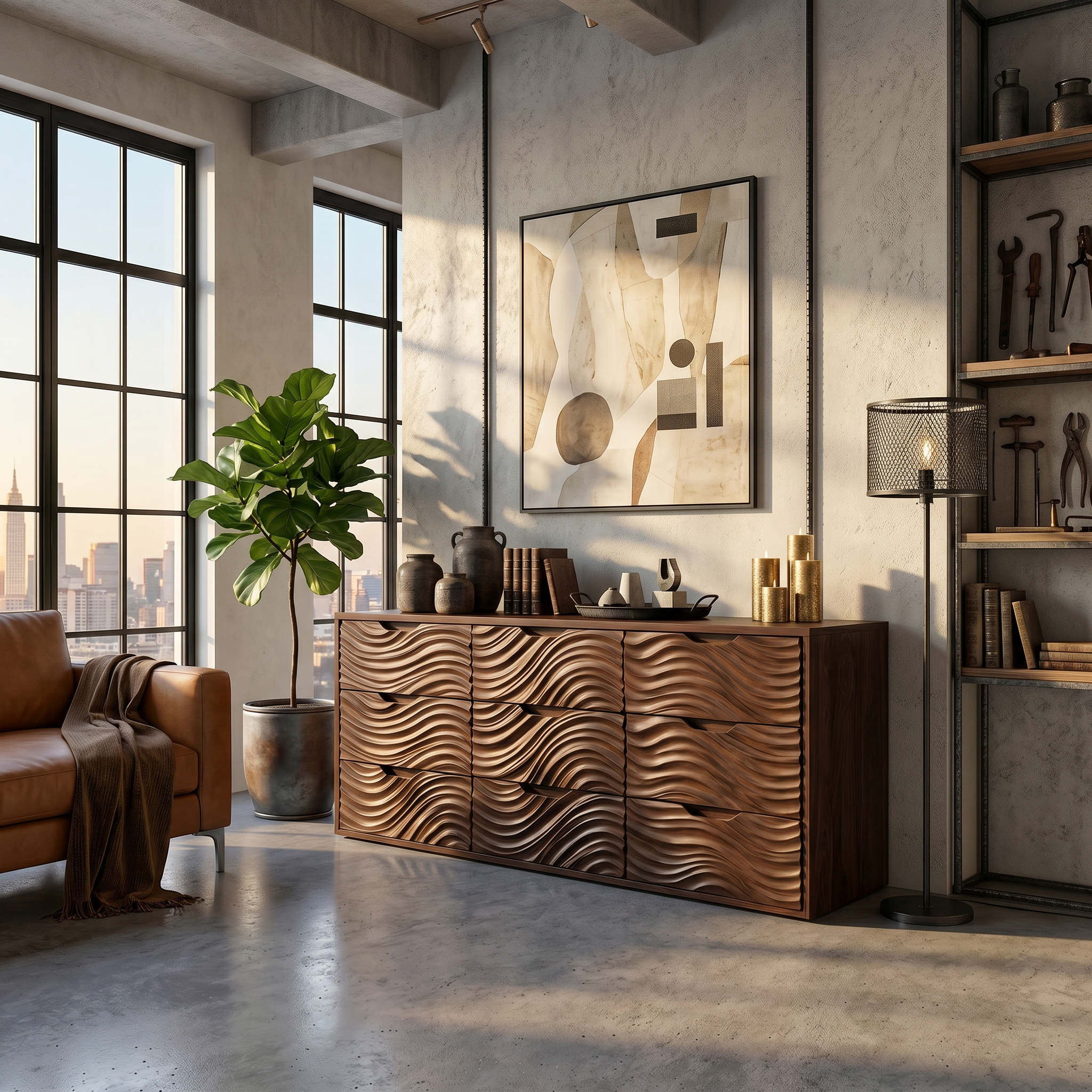 Organic Sideboard With Hand Carved Wave Wood Doors And Solid Wood Storage Cabinet For Living Room SINLSASC531