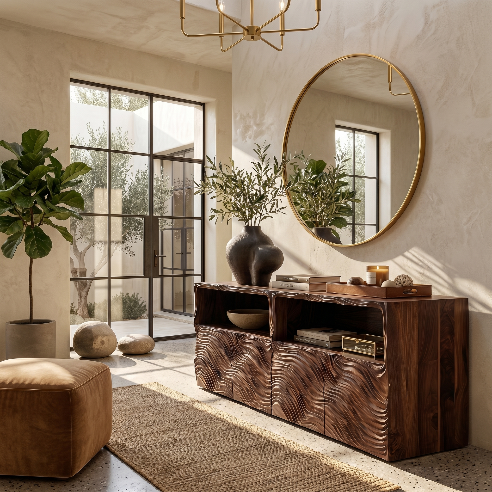 Modern Sideboard With Hand Carved Wave Wood Doors And Open Display Shelves For Living Room SINLSASC532