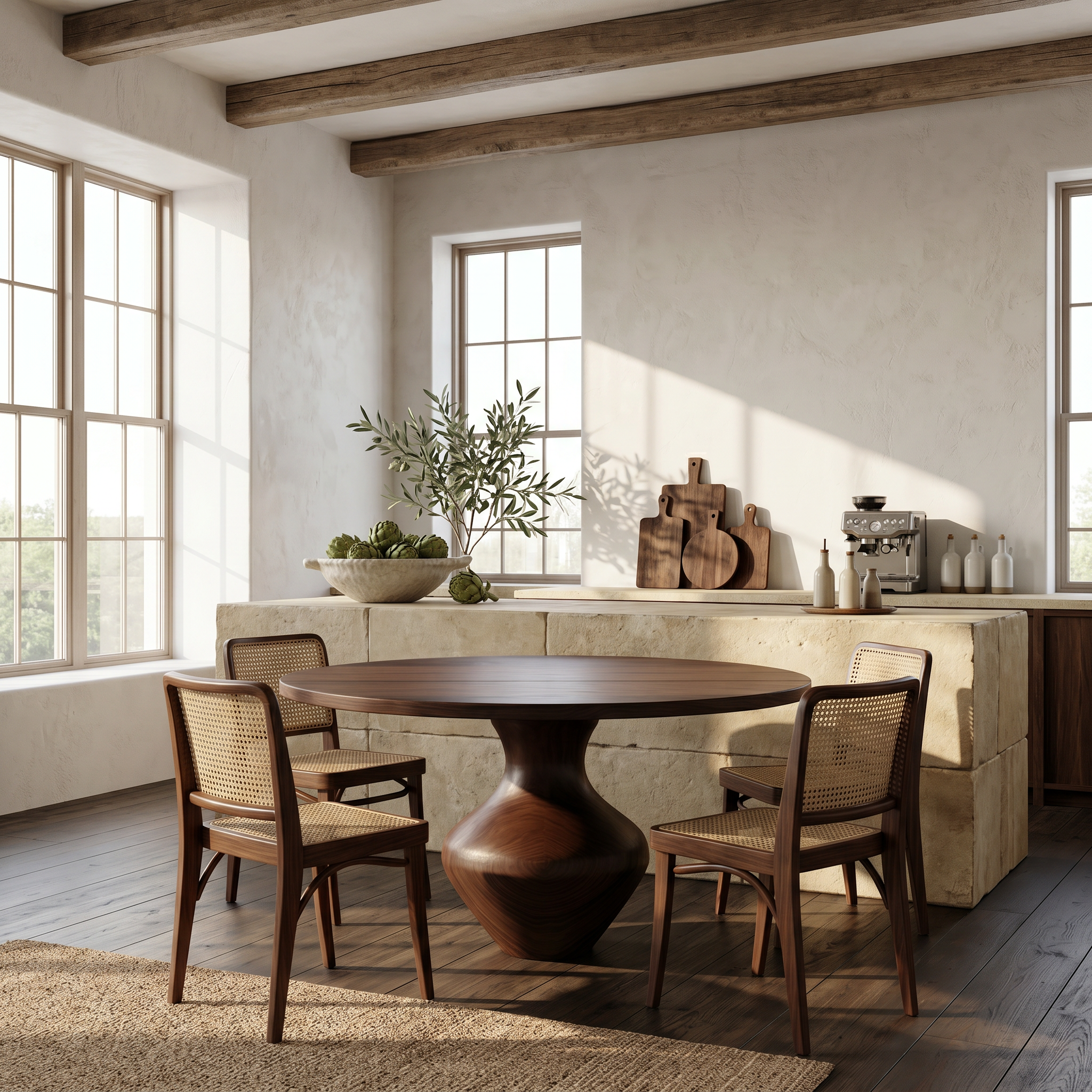 Rustic Dining Table With Sculptural Solid Wood Pedestal Base Farmhouse Round Dining Table With Sculptural Wooden Base For Kitchen SINLSADT196