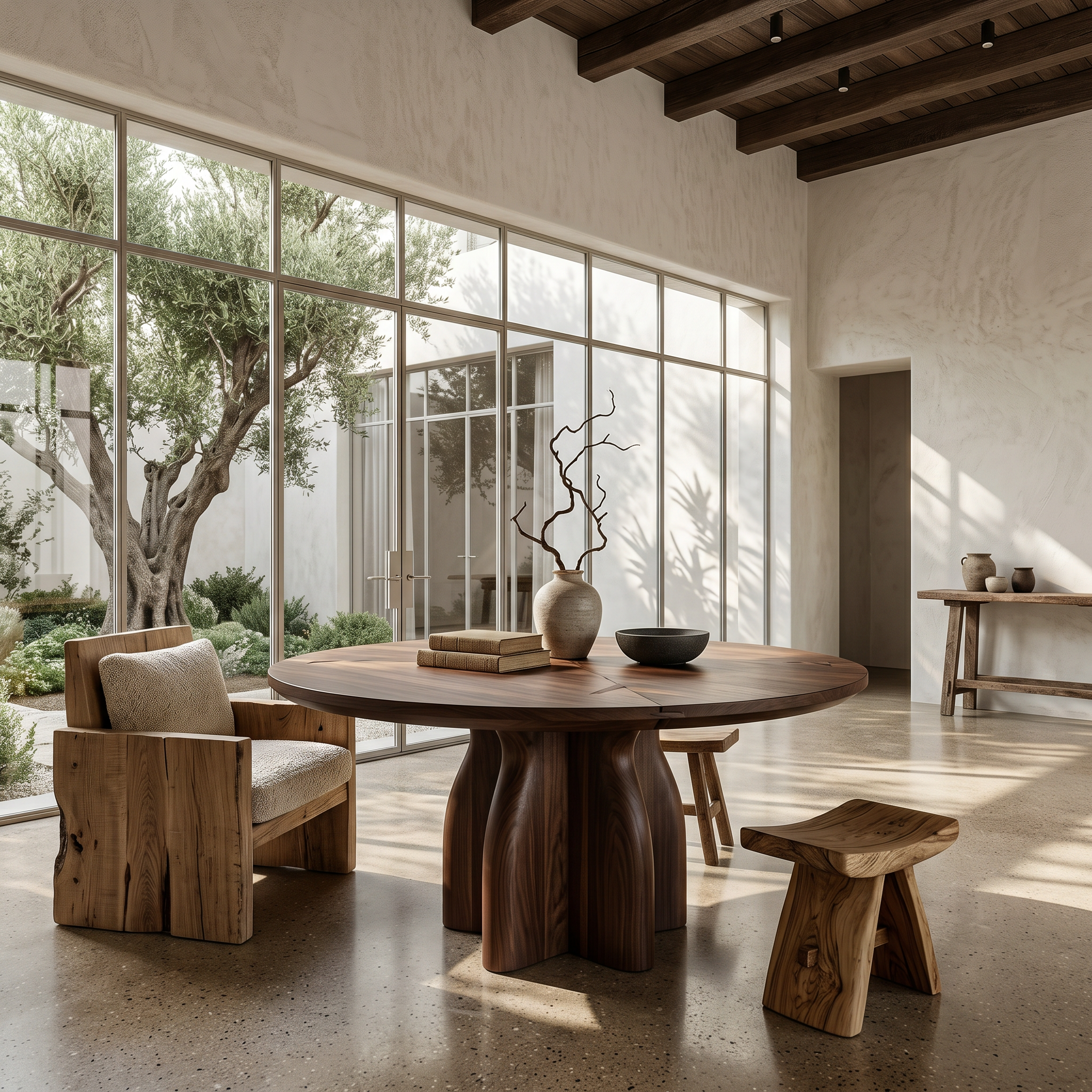 Organic Foyer Table With Sculptural Solid Wood Pedestal Base For Entryway SINLSAFT036