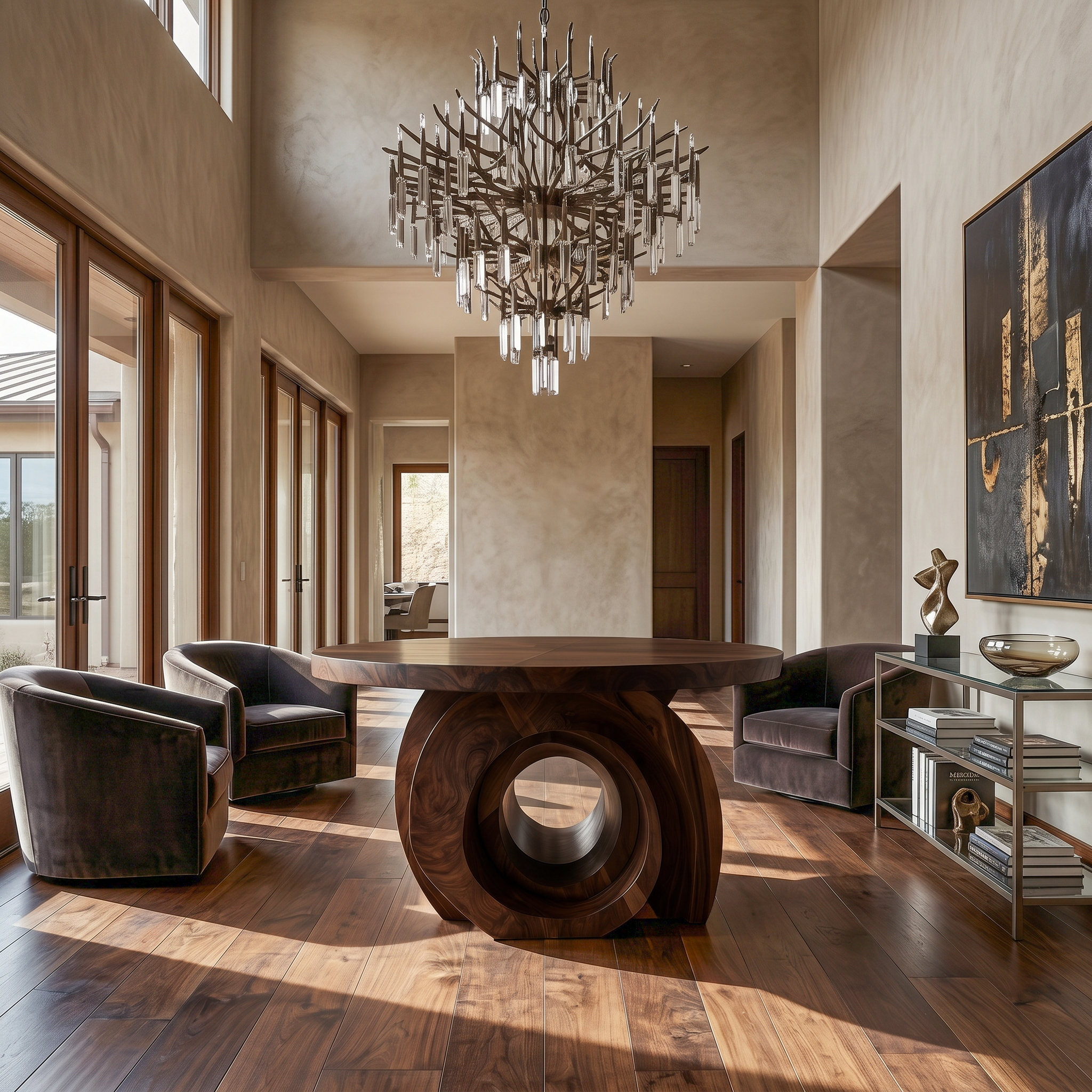 Modern Round Foyer Table With Sculptural Ring Pedestal Base For Entryway And Hallway SINLSAFT044