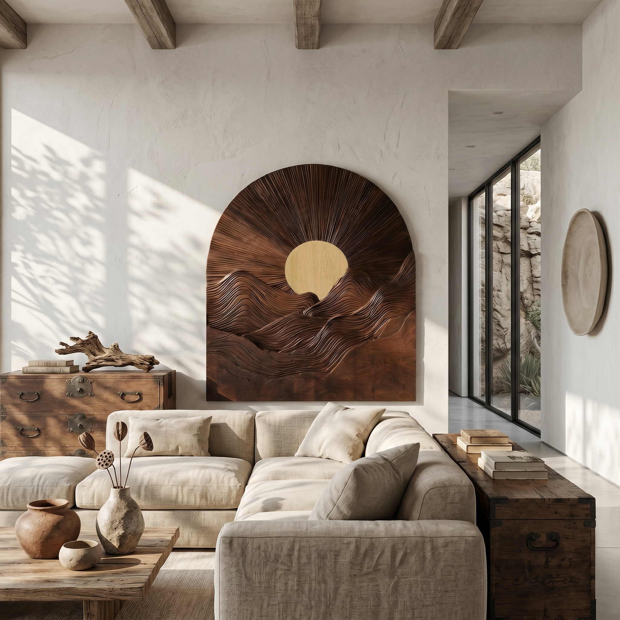 Sunburst Wall Art With Sculptural Round Panel Design For Living Room And Entryway SINLSAWD094