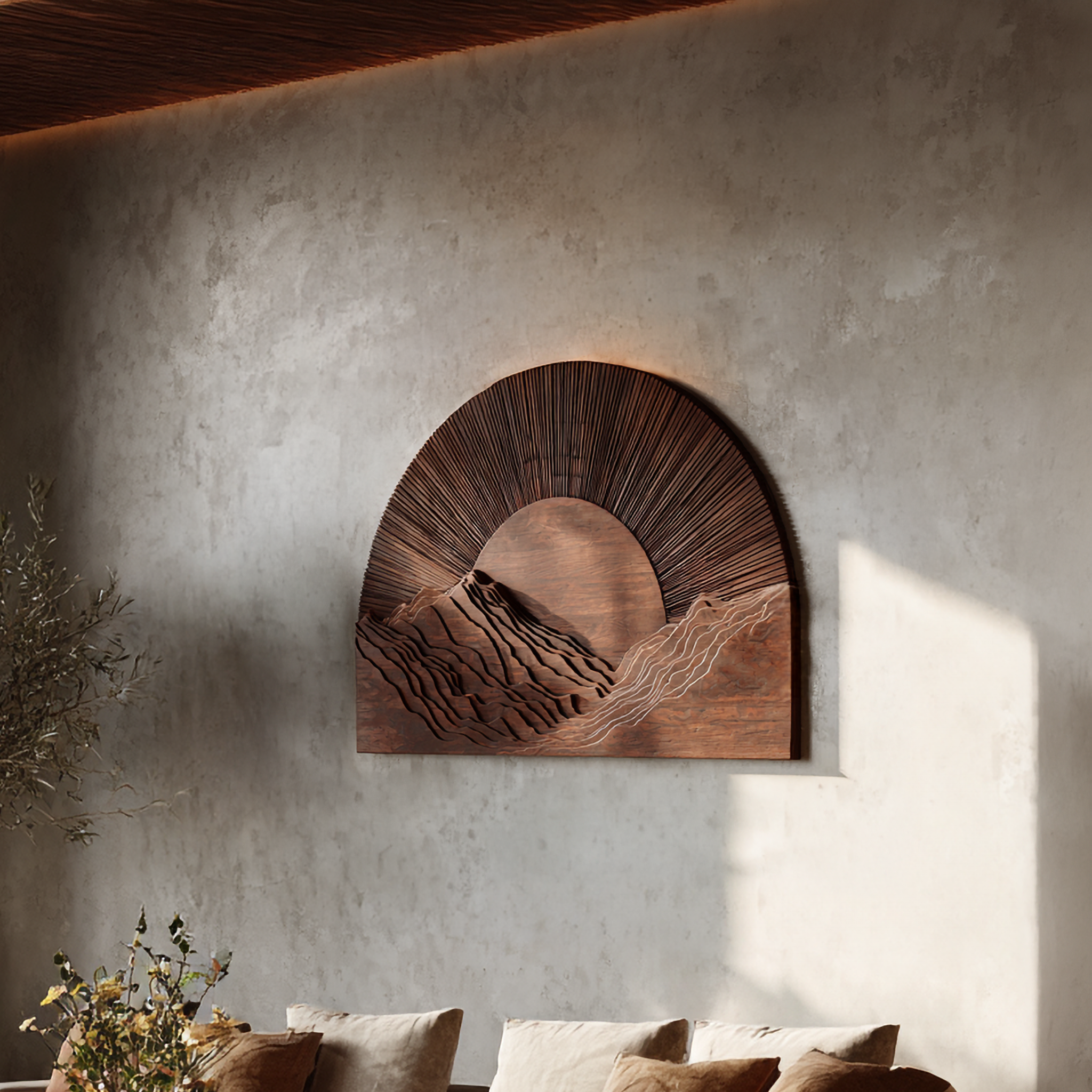 Half Moon Wall Art With Sunburst Carved Panel Design For Living Room And Entryway SINLSAWD096