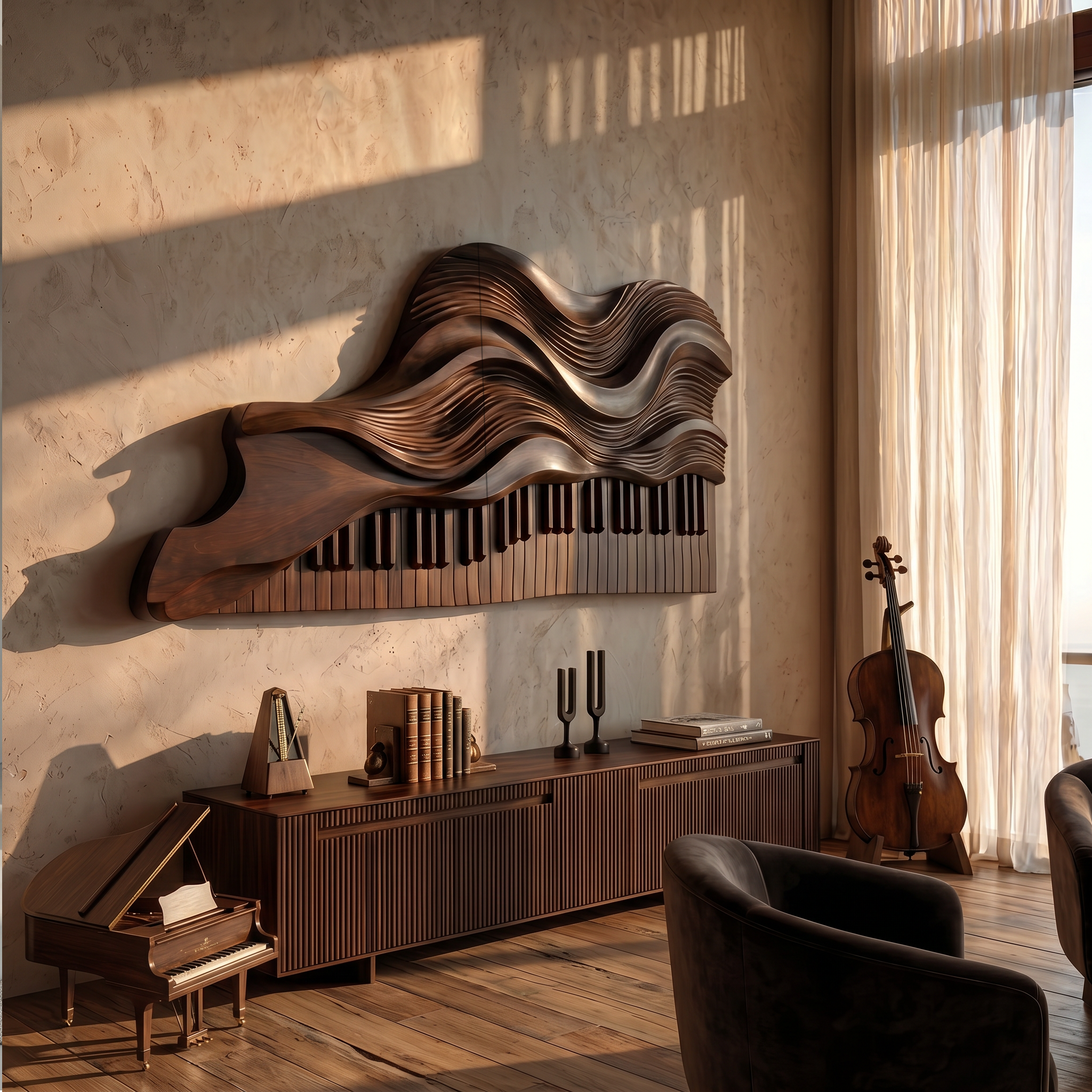 Abstract Piano Wave Wooden Wall Sculpture For Living Room SINLSAWD084