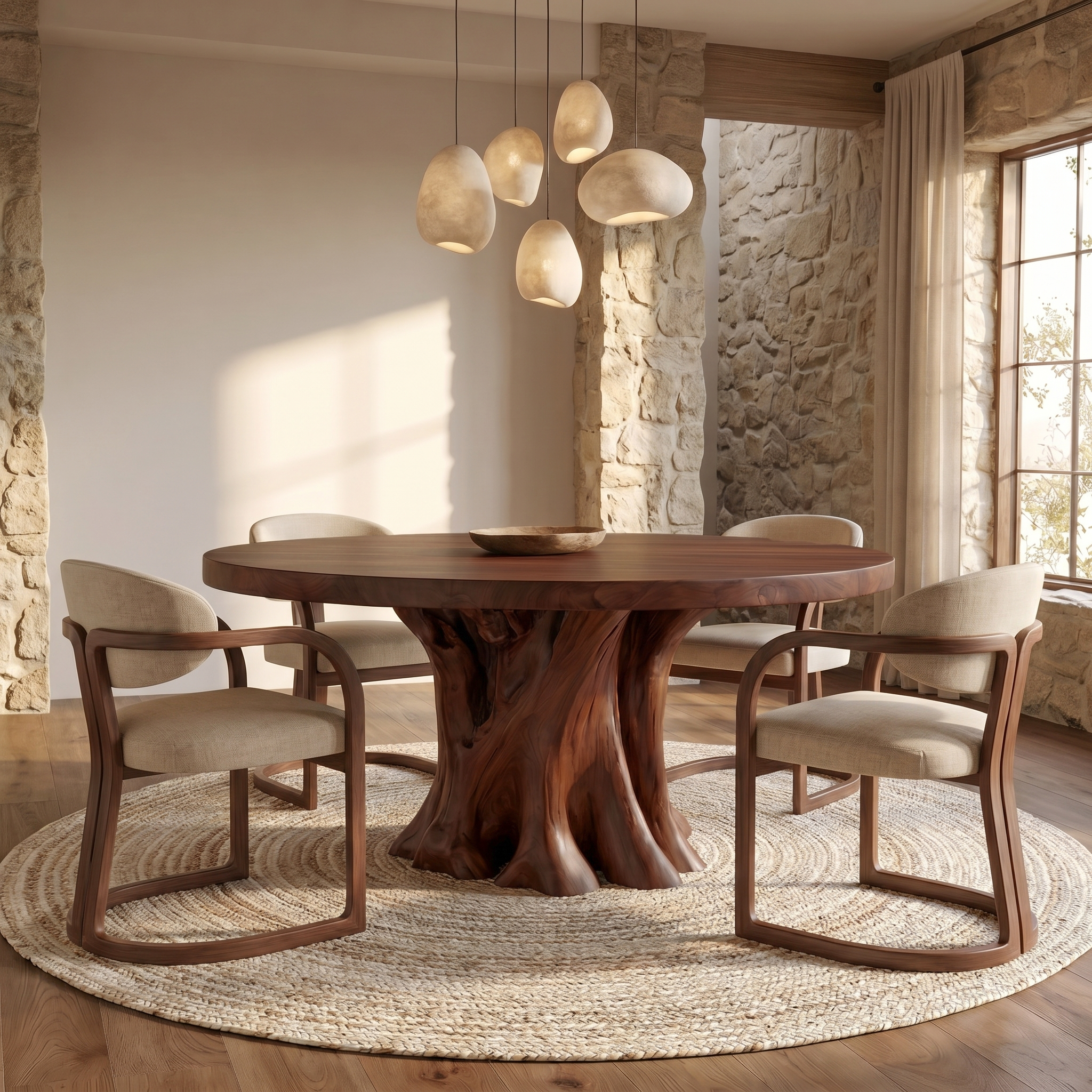 Rustic Round Dining Table With Solid Wood Sculptural Base For Dining Room SINLSADT178