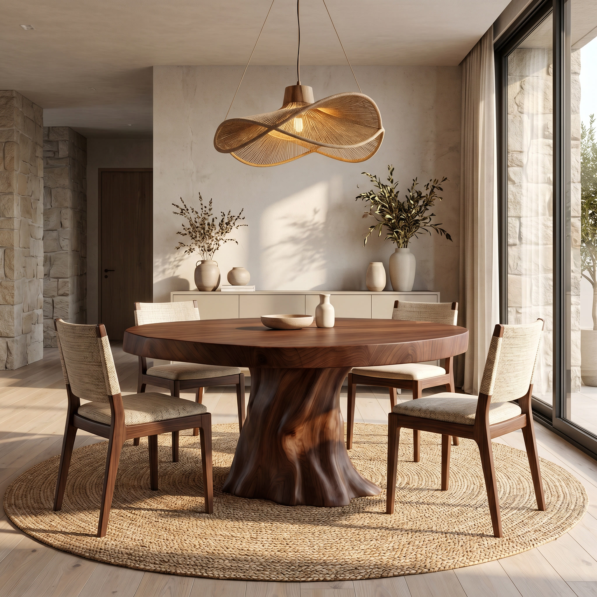 Rustic Modern Round Dining Table With Sculptural Wood Base For Dining Room SINLSADT179