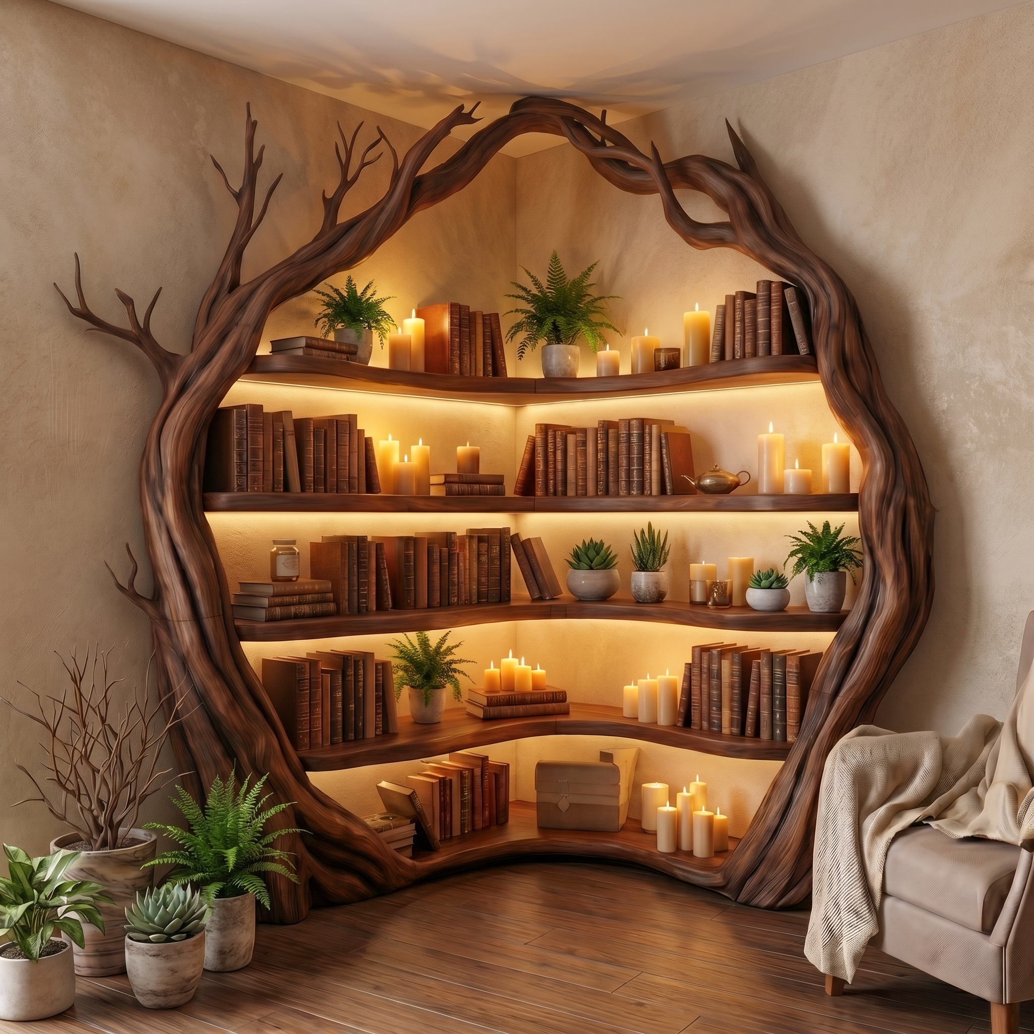 Statement Tree Corner Bookshelf For Living Room And Reading Nook SINLSATB733