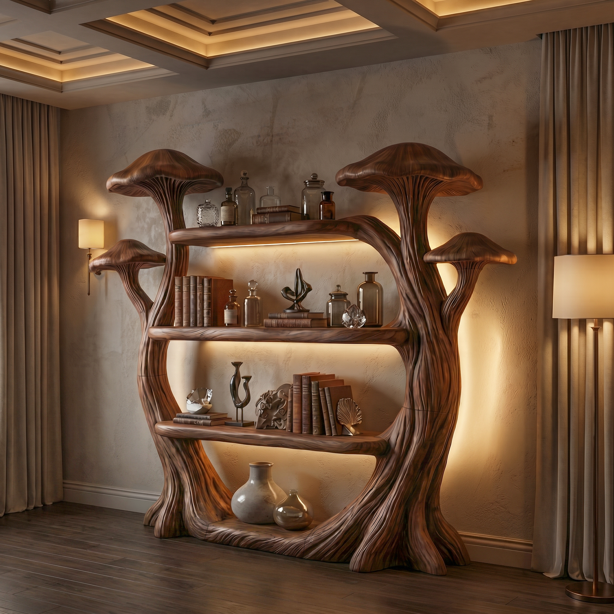 Natural Wood Mushroom Bookcase For Living Room And Reading Room SINLSATB727
