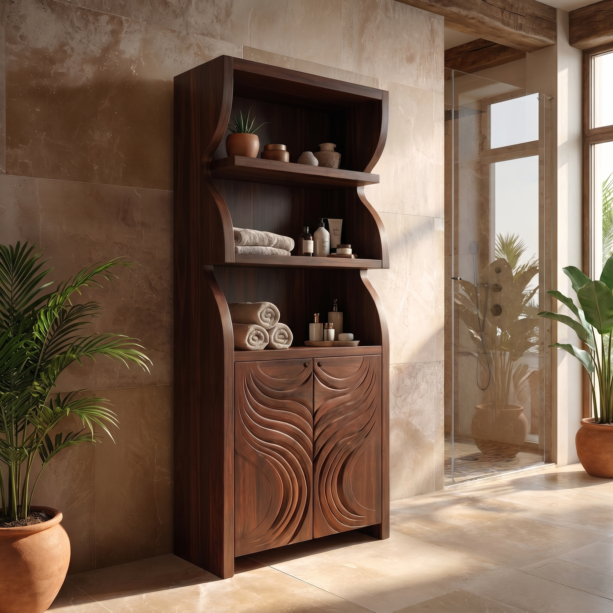 Rustic Organic Bathroom Storage Cabinet With Carved Wooden Doors And Open Shelves For Bathroom SINLSABCT020