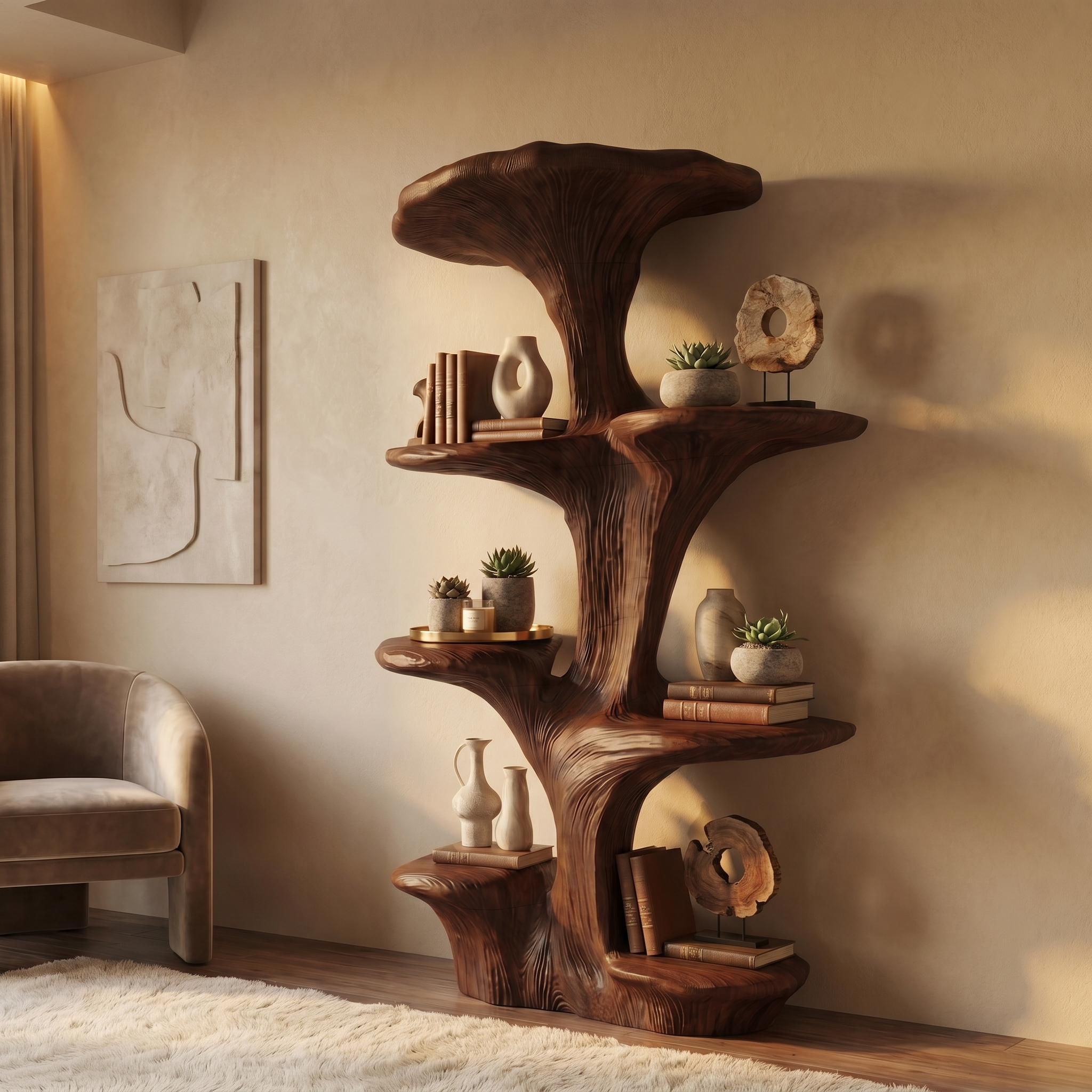 Rustic Sculptural Mushroom Bookshelf For Living Room And Bedroom SINLSATB730