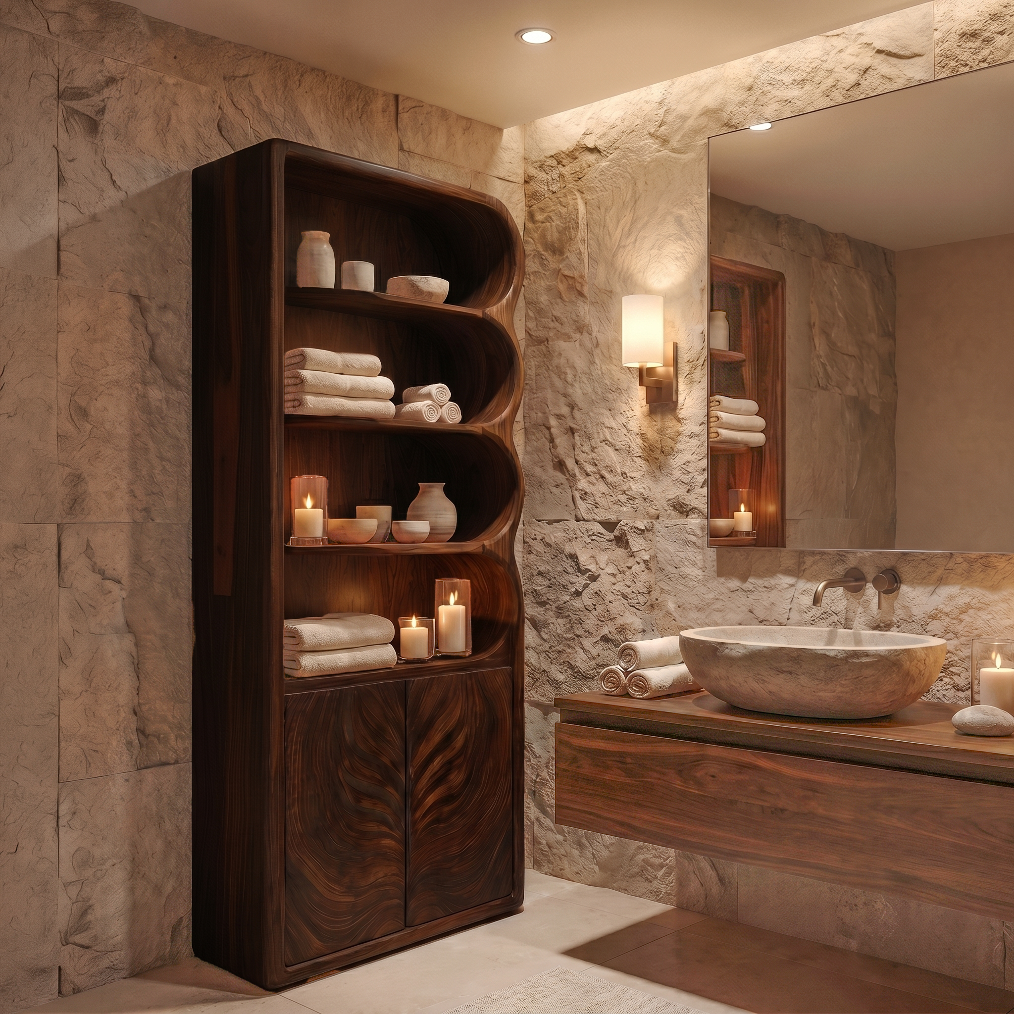 Modern Organic Bathroom Storage Cabinet With Curved Shelves And Carved Wooden Doors For Bathroom SINLSABCT021