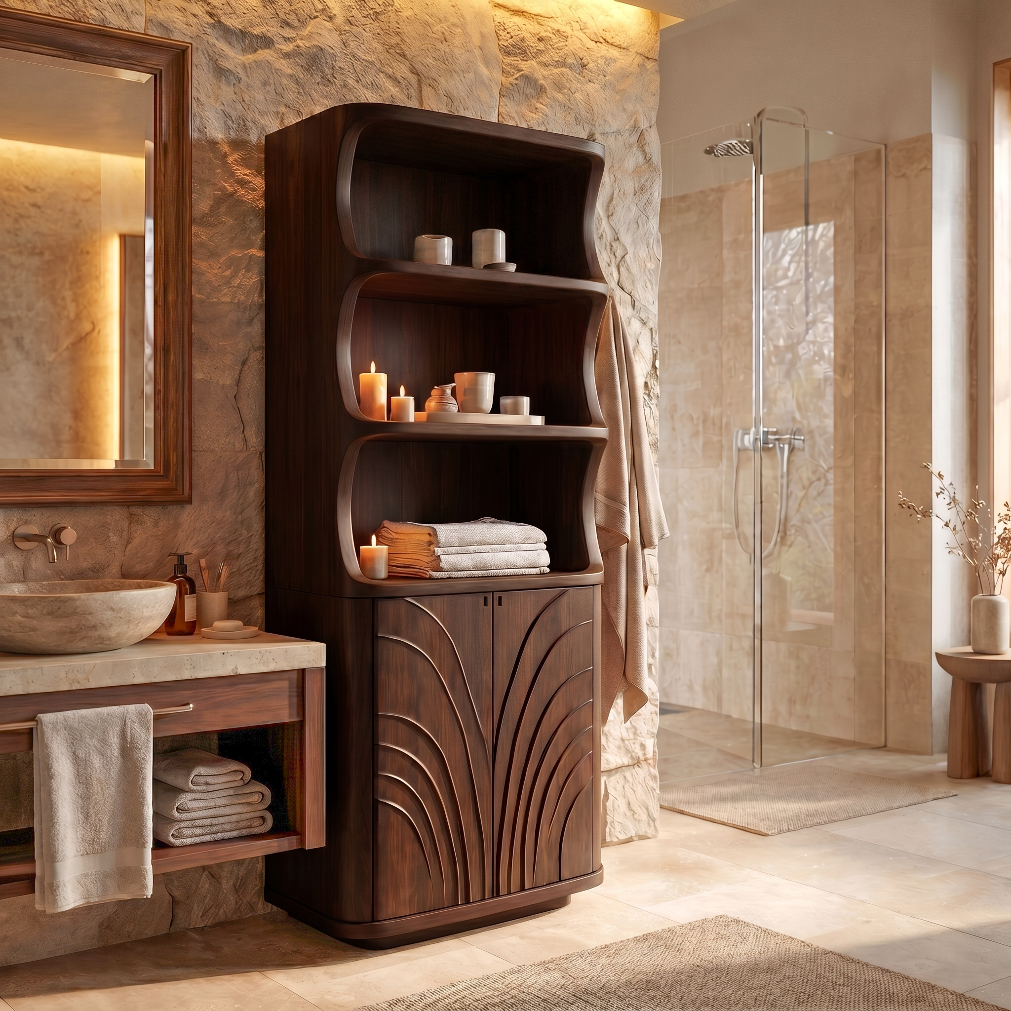 Organic Bathroom Storage Cabinet With Curved Open Shelves And Carved Wooden Doors For Bathroom SINLSABCT022
