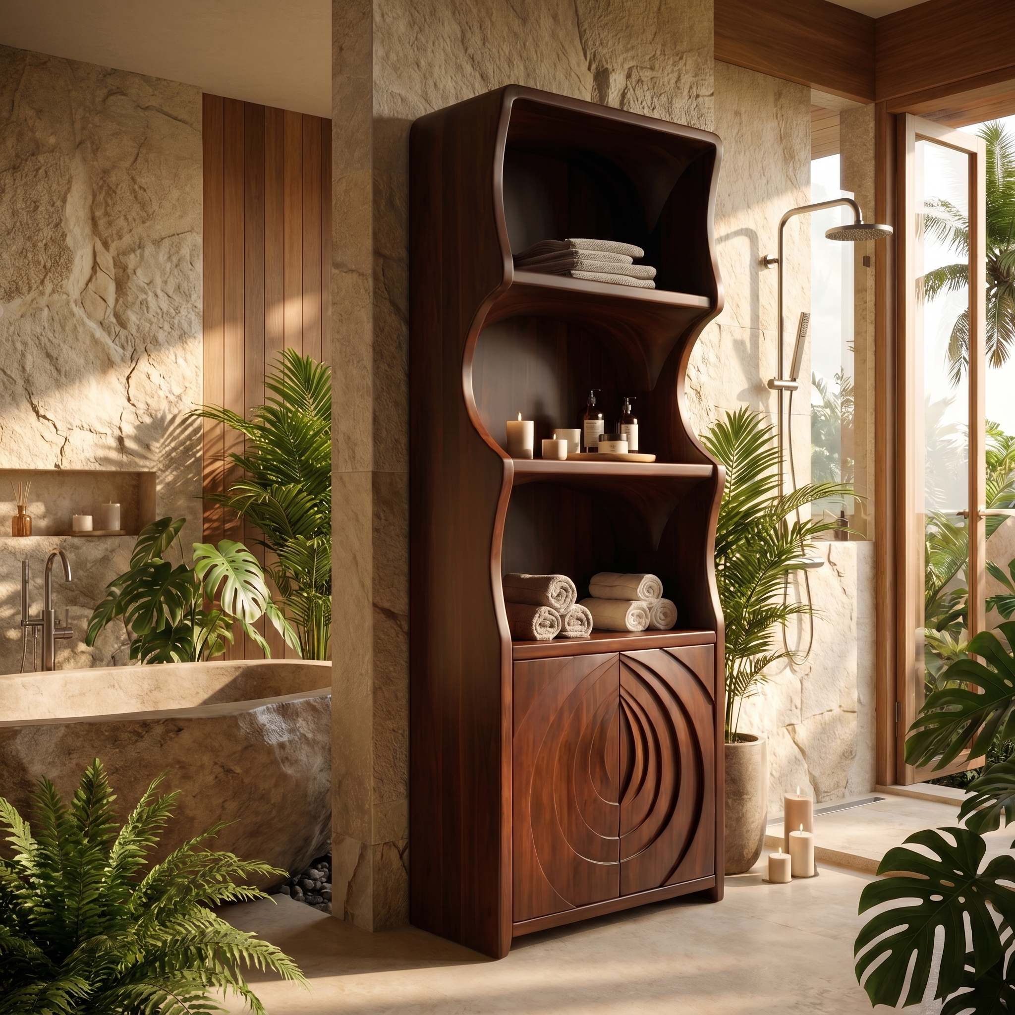 Contemporary Minimal Bathroom Storage Cabinet With Curved Shelves And Wooden Door For Bathroom SINLSABCT023