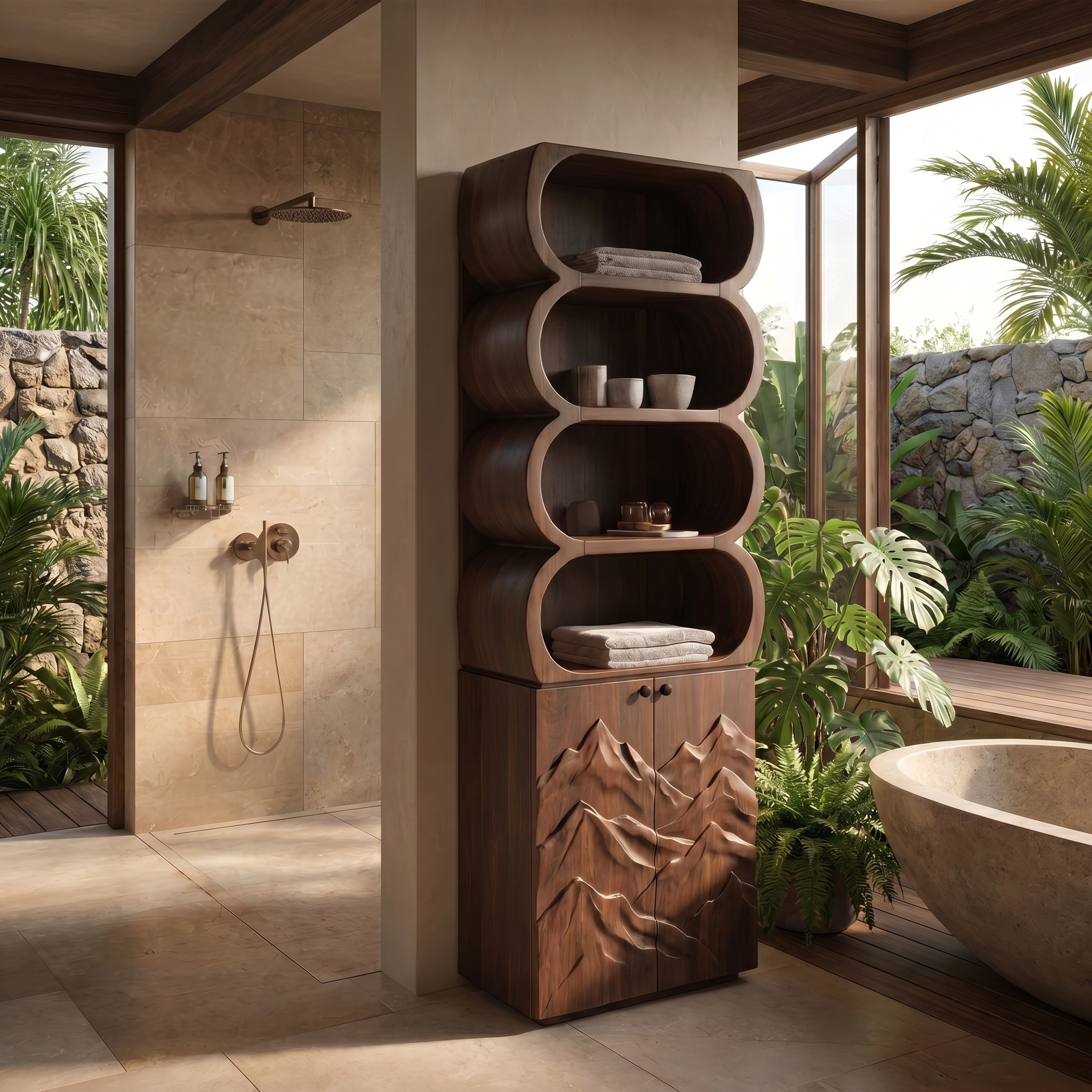 Minimal Bathroom Cabinet With Rounded Shelves And Sculpted Wooden Door SINLSABCT024