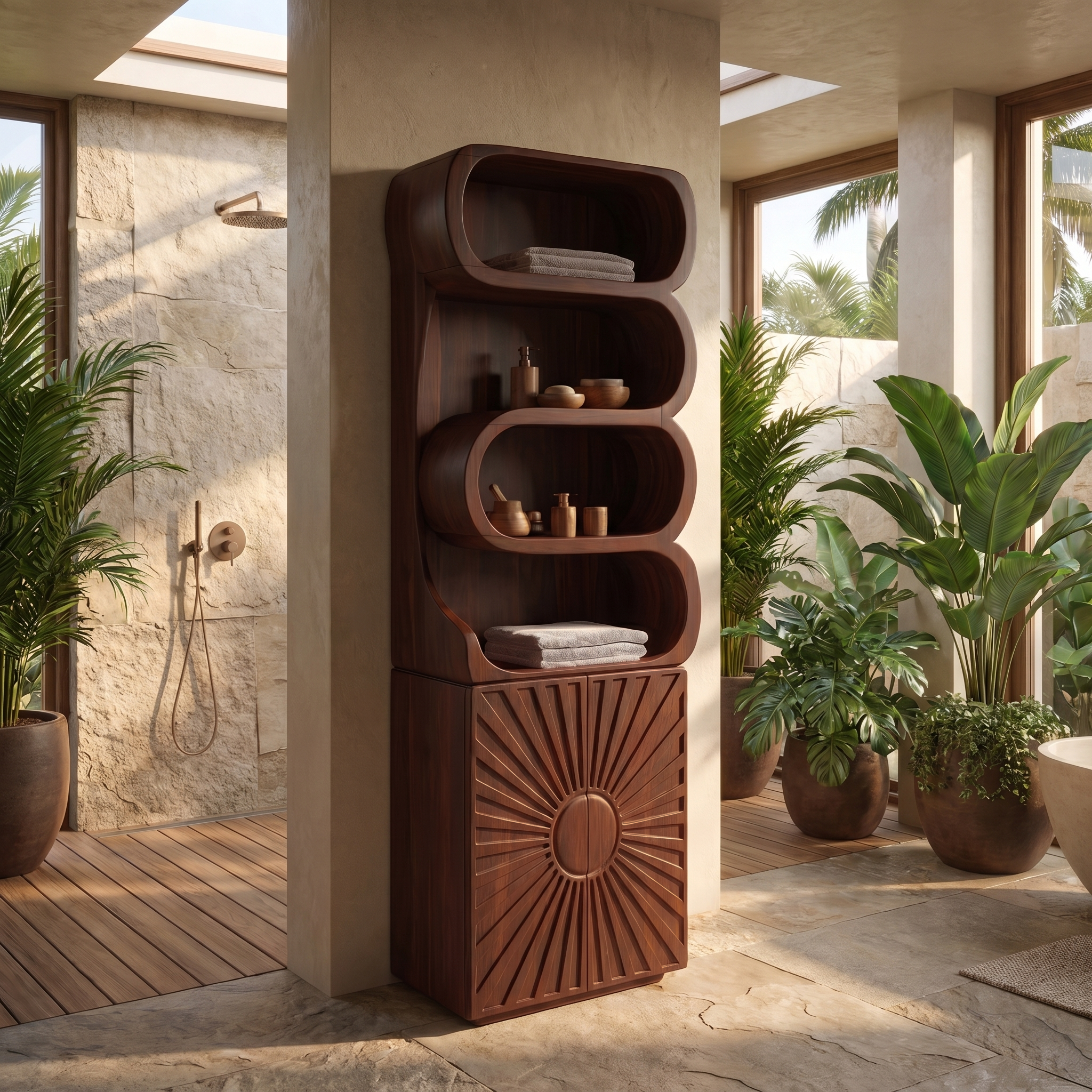 Organic Bathroom Cabinet With Open Shelving And Sculpted Wood Door For Bathroom SINLSABCT025