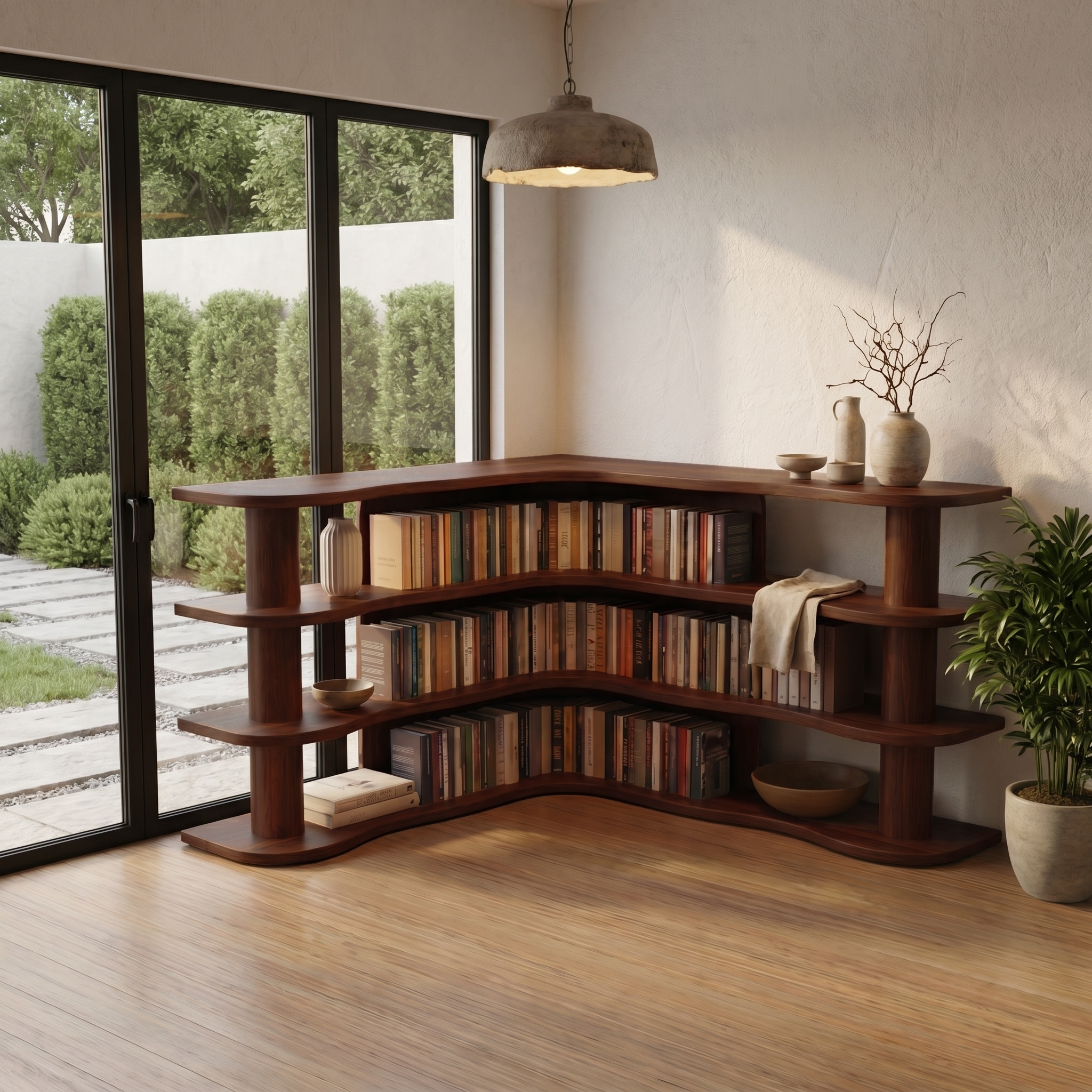 Scandinavian Corner Bookshelf With Rounded Multi Tier Wooden Shelves For Living Room And Bedroom SINLSABS020