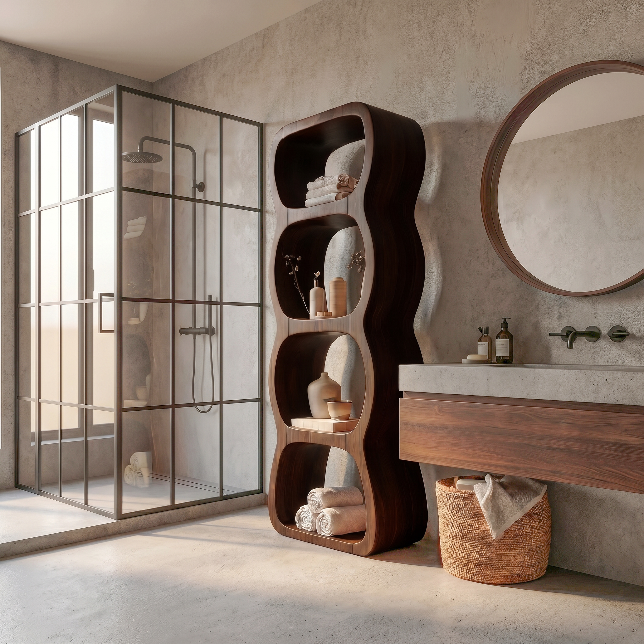Rustic Bathroom Cabinet With Curved Wave Shape Design SINLSABCT031