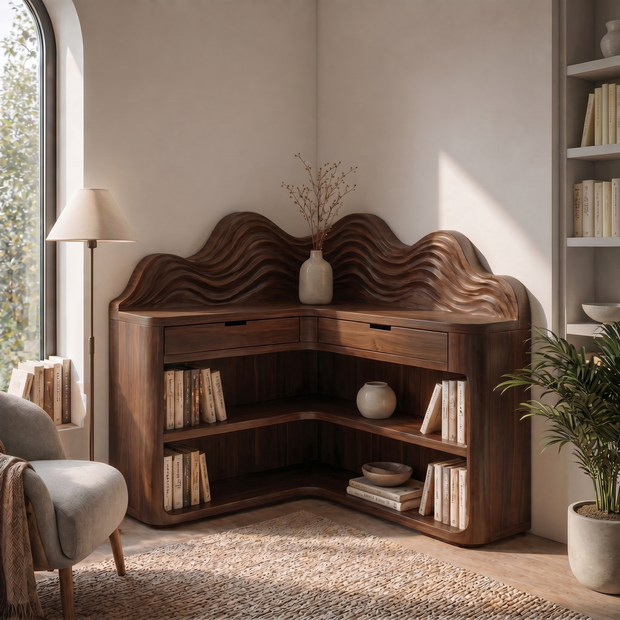 Scandinavian Wave Top Corner Bookshelf With Multi Tier Open Shelves For Living Room And Bedroom SINLSABS023