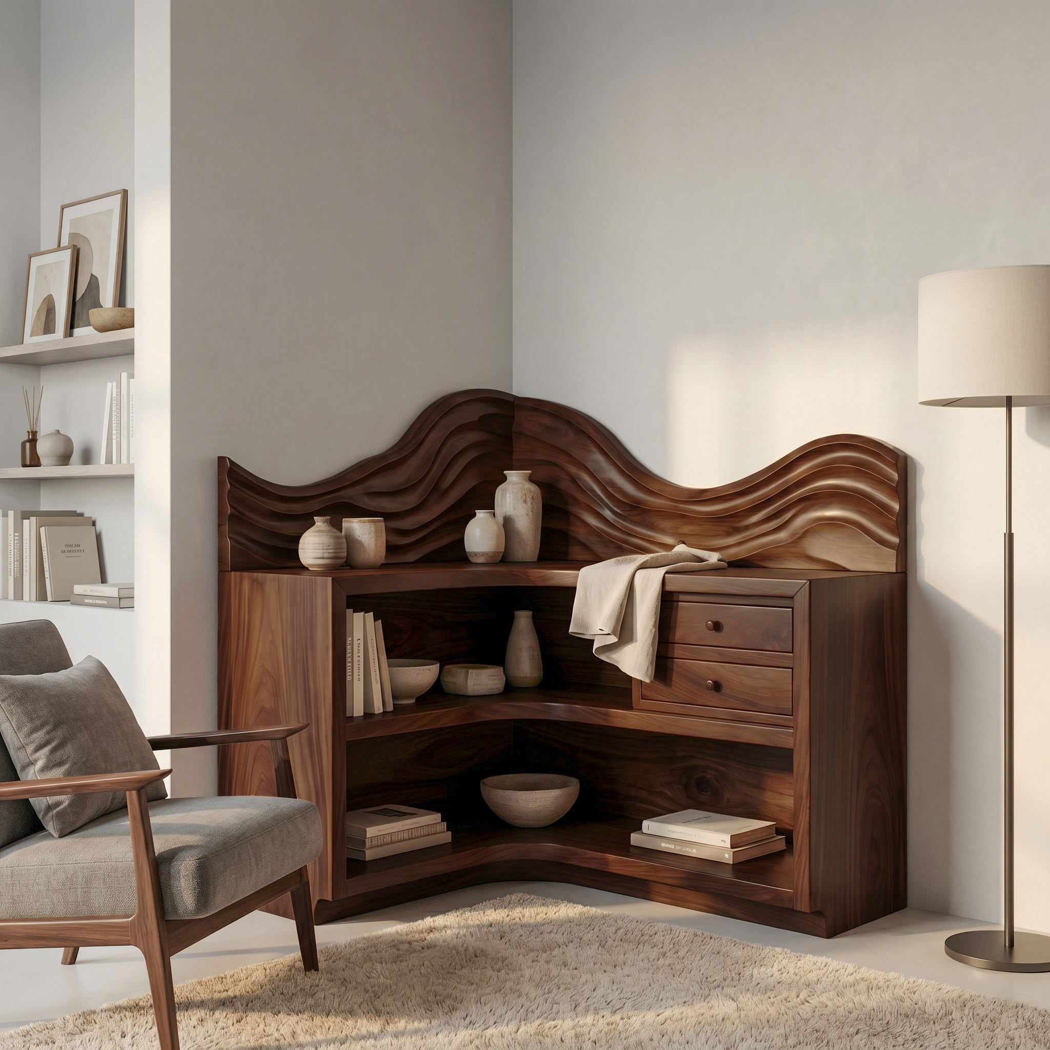 Rustic Corner Bookshelf With Arched Open Shelves And Drawer Storage For Living Room And Bedroom SINLSABS024