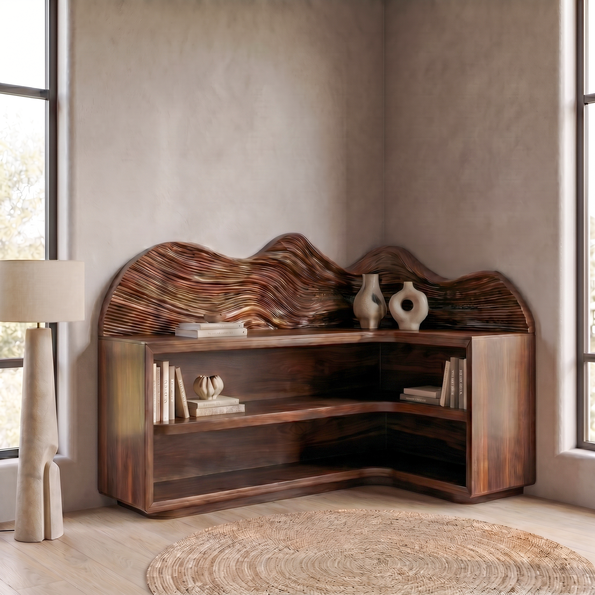 Contemporary Corner Bookcase With Sculptural Wooden Shelves For Living Room SINLSABS030