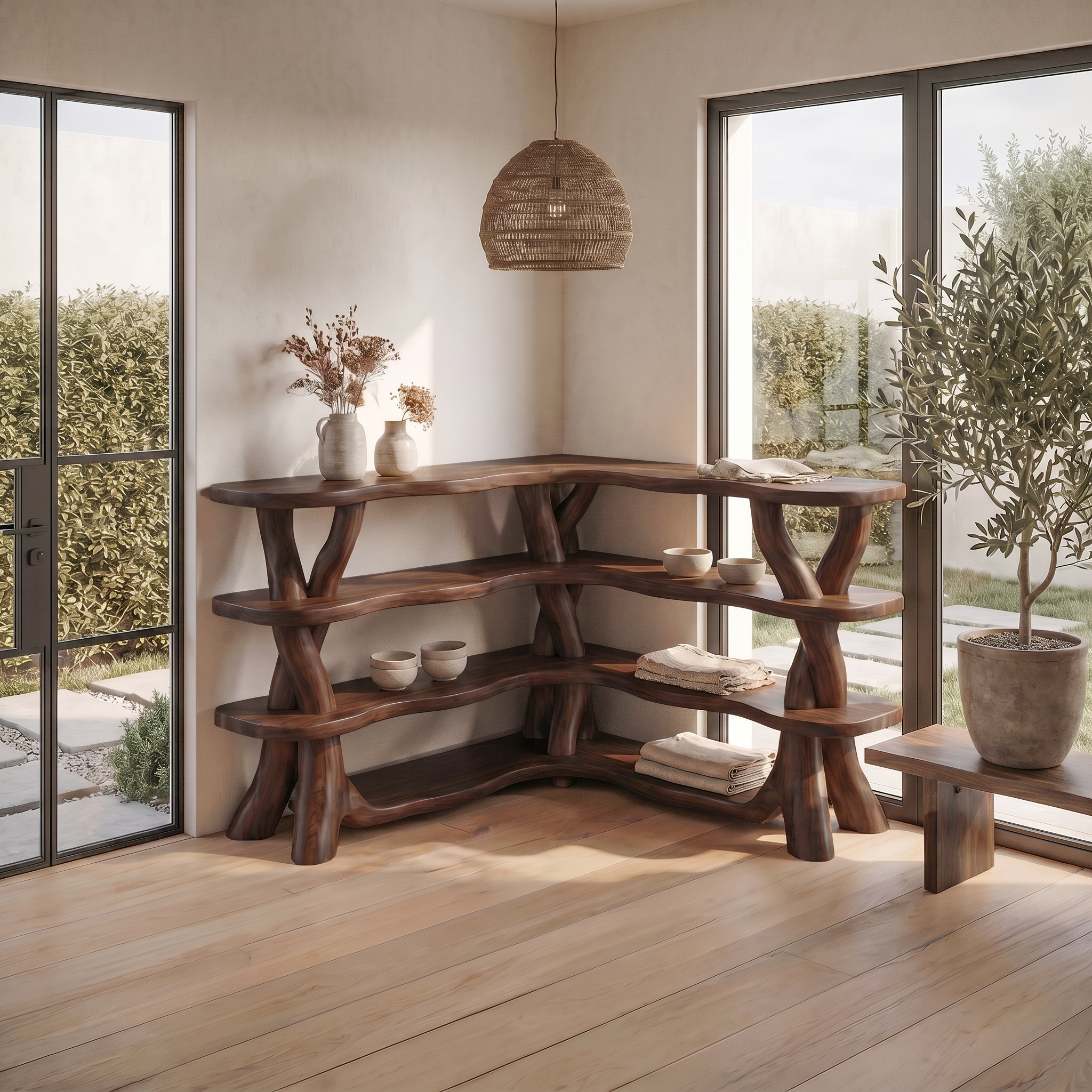 Rustic Organic Corner Bookshelf With Sculptural Tree Branch Shelves For Living Room And Bedroom SINLSABS017