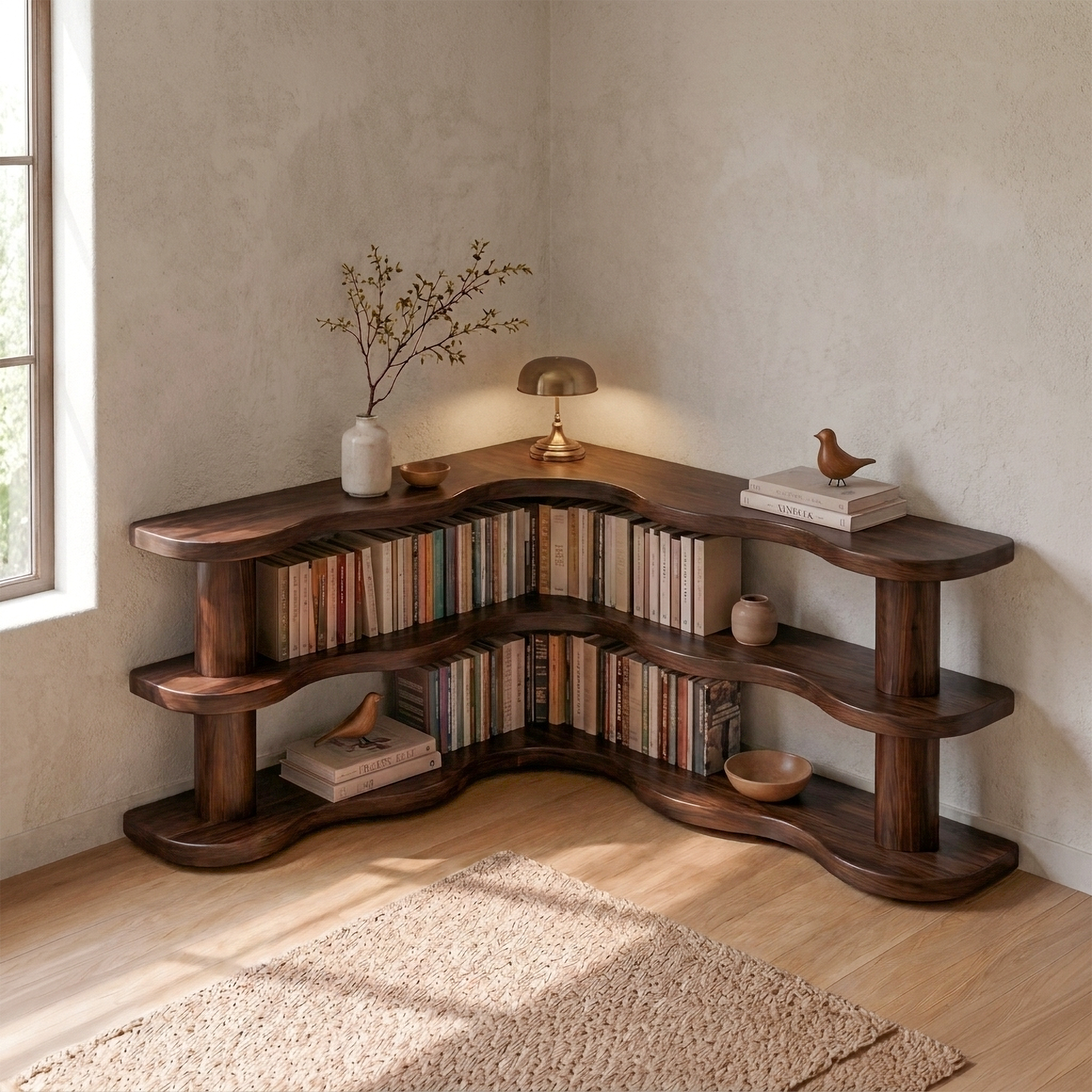Rustic Modern Corner Bookshelf With Multi Tier Wooden Shelves For Living Room And Bedroom SINLSABS014