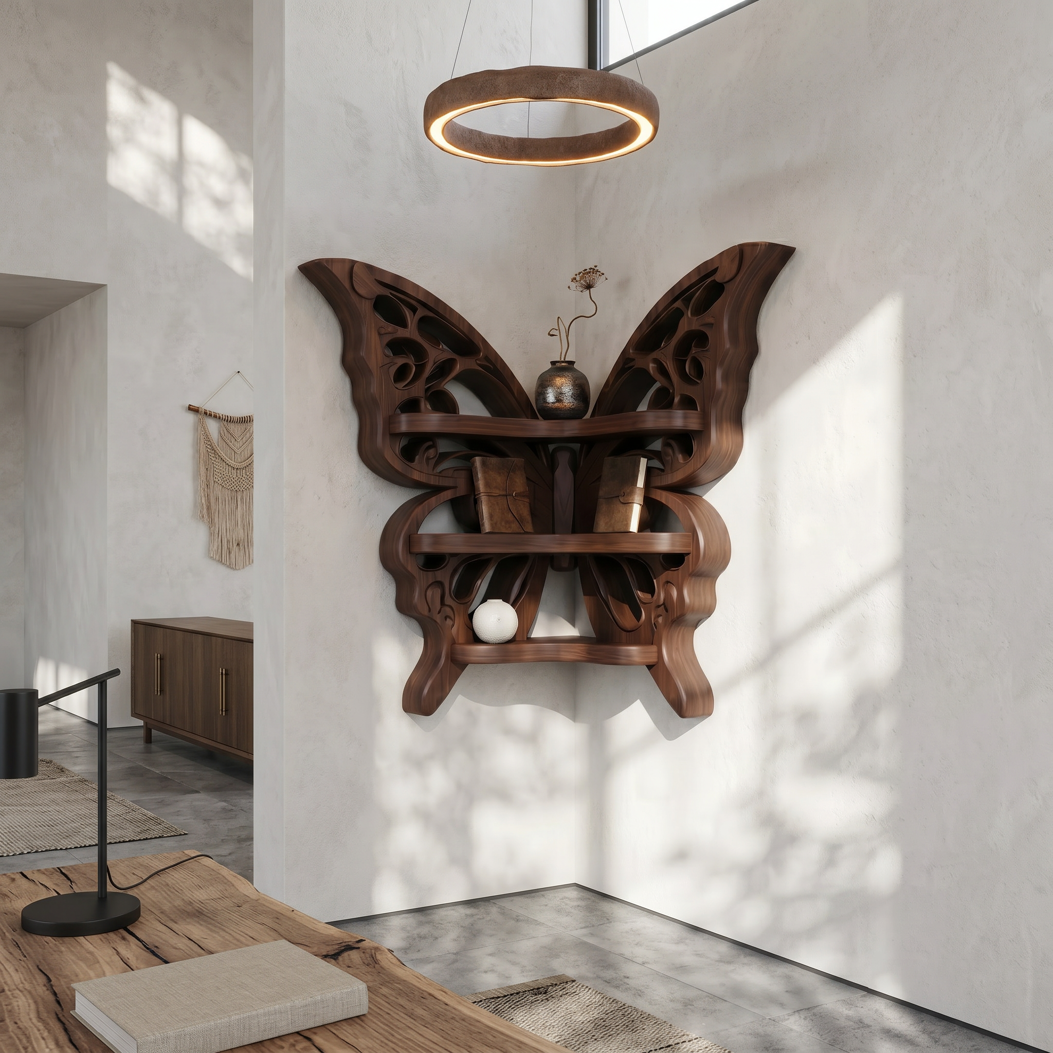 Sculptural Butterfly Floating Shelf With Handcrafted Solid Wood Design For Living Room SINLSAFL544