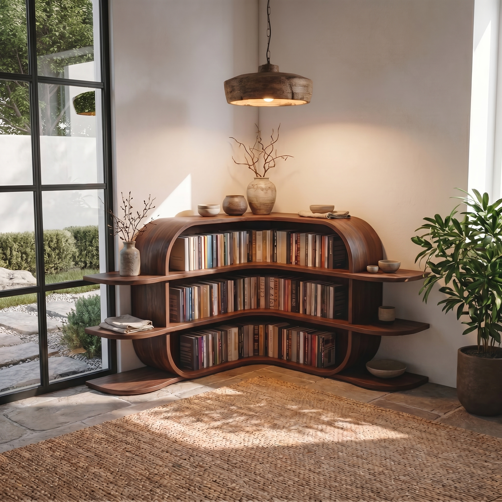 Scandinavian Arched Corner Bookshelf With Multi Tier Open Shelves For Living Room And Bedroom SINLSABS018