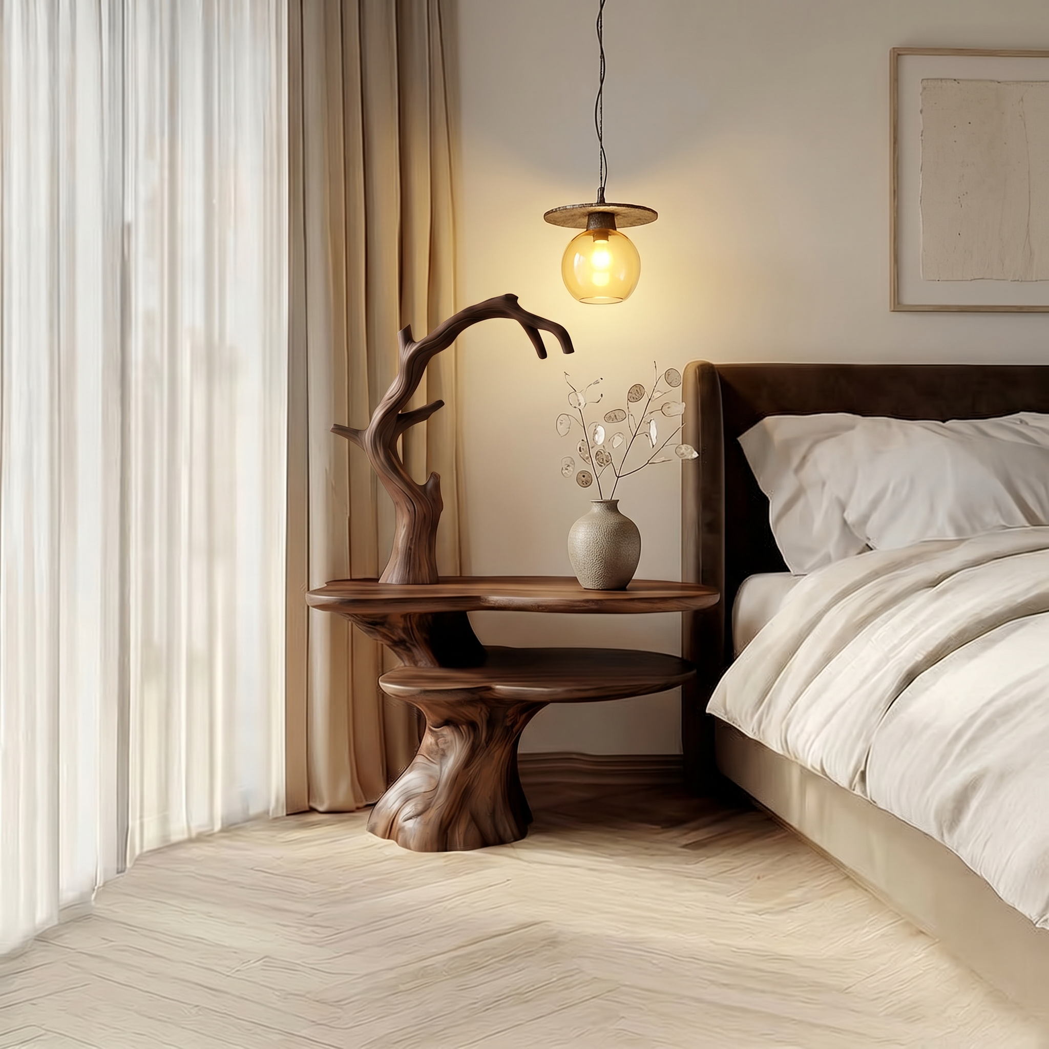 Natural Bedside Table With Floral Lamp And Tree Branch Form For Bedroom And Guest Room SINLSABT270