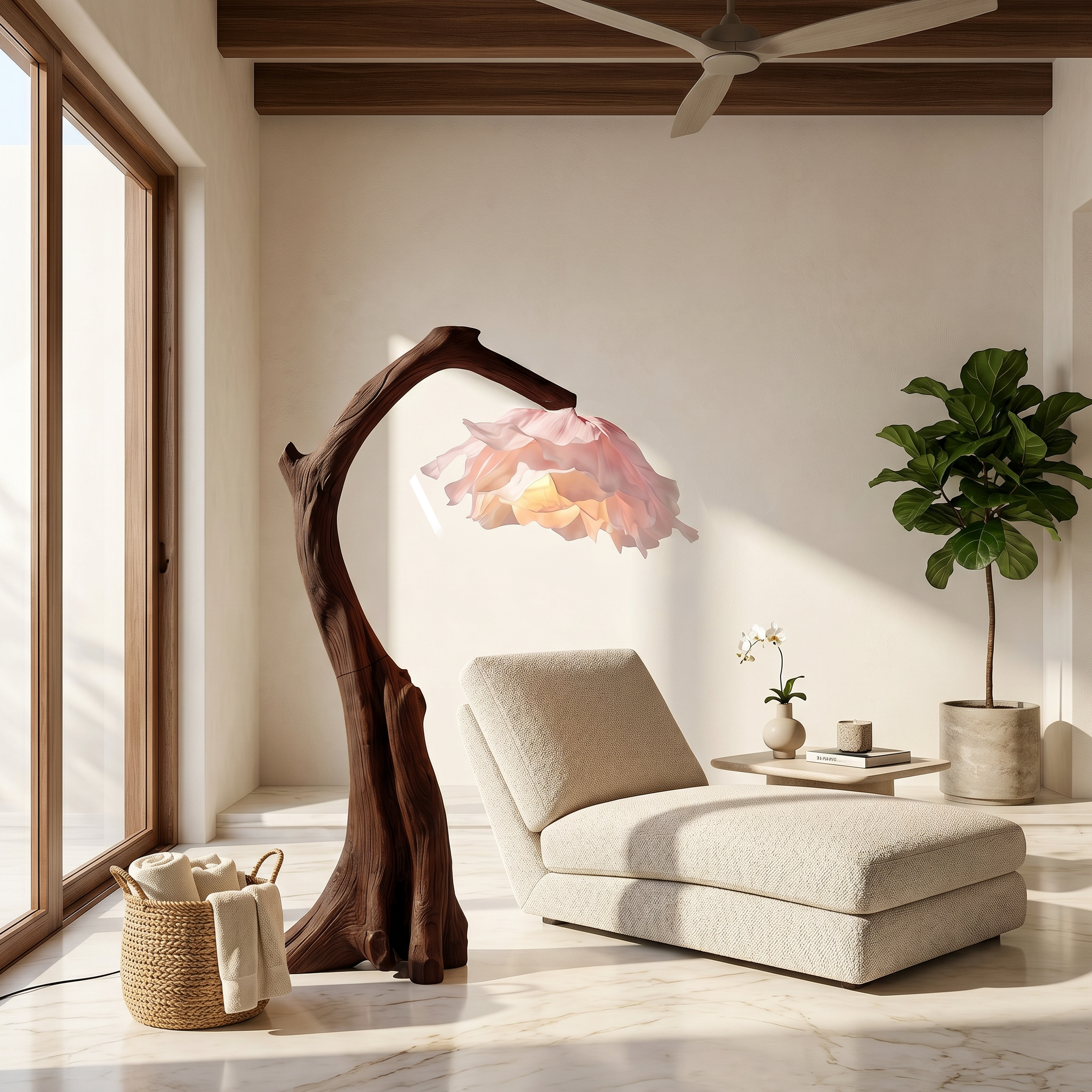 Handmade Flower Floor Lamp With Sculptural Wood Base For Living Room And Bedroom SINLSAFLP079