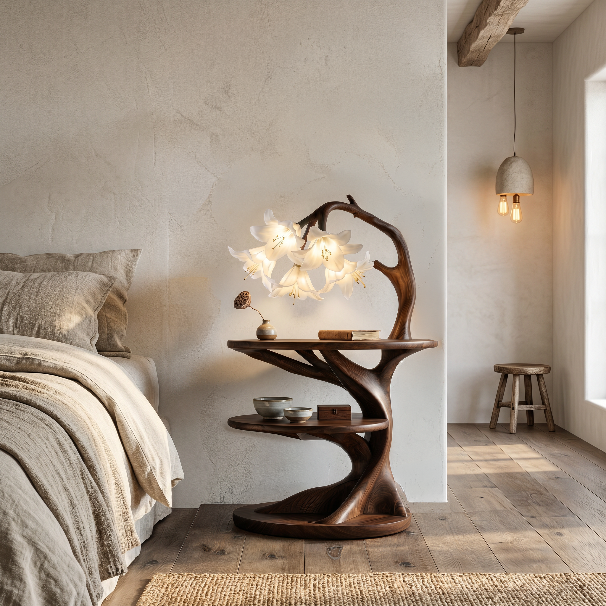 Rustic Side Table With Flower Shade Lamp For Bedroom And Living Room SINLSABT272