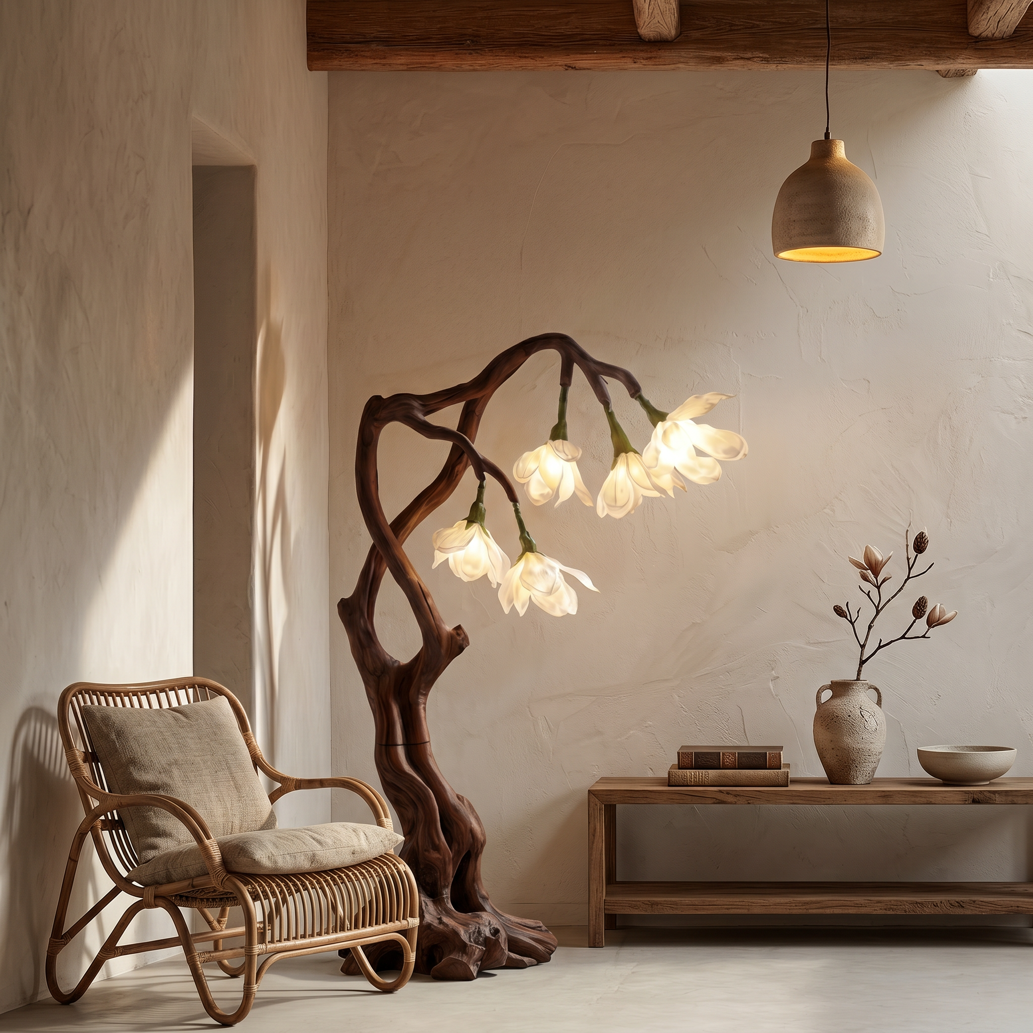 Petal Inspired Floor Lamp With Artistic Wood Base For Living Room And Bedroom SINLSAFLP082