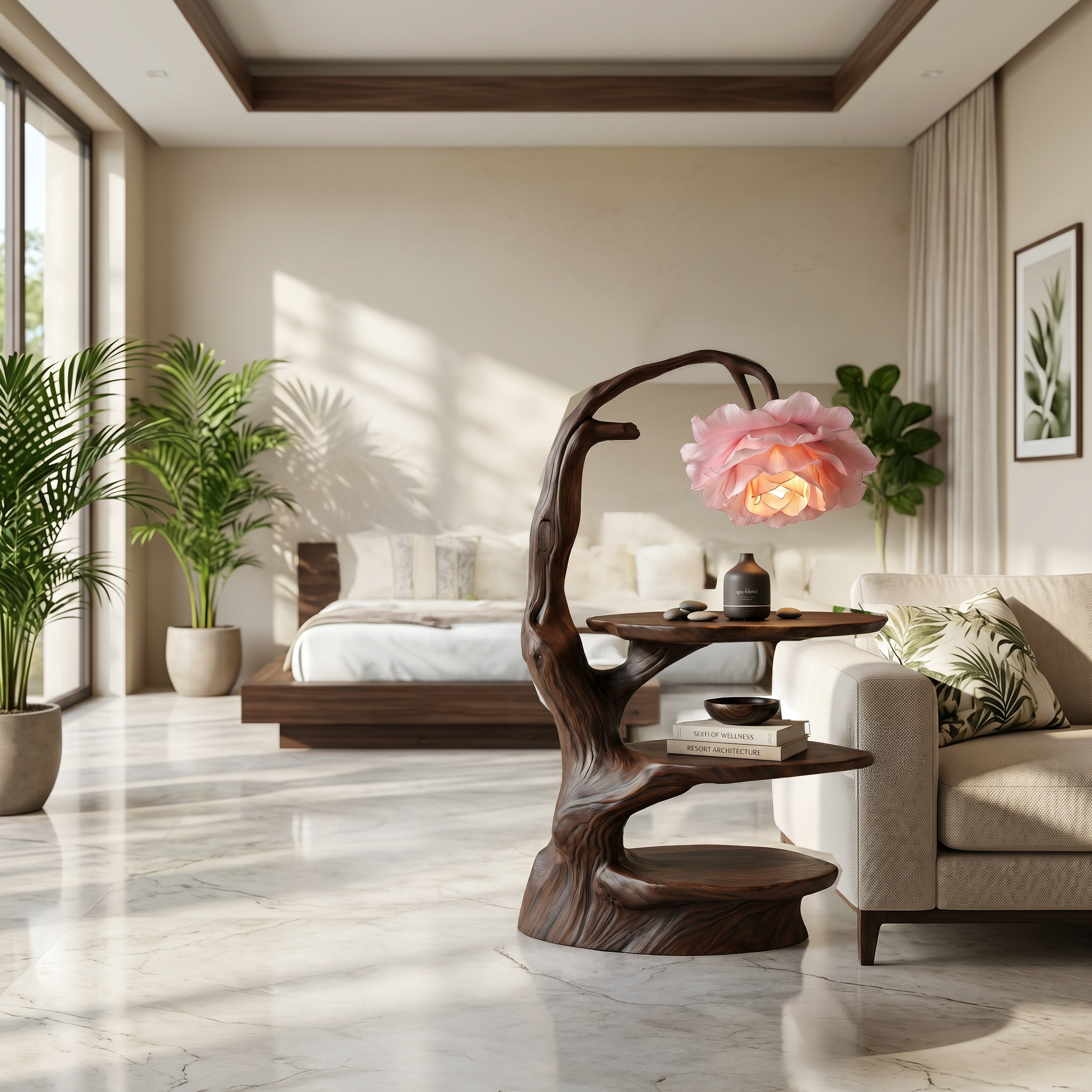 Natural End Table With Tree Branch Form And Flower Lamp For Bedroom And Reading Nook SINLSABT276