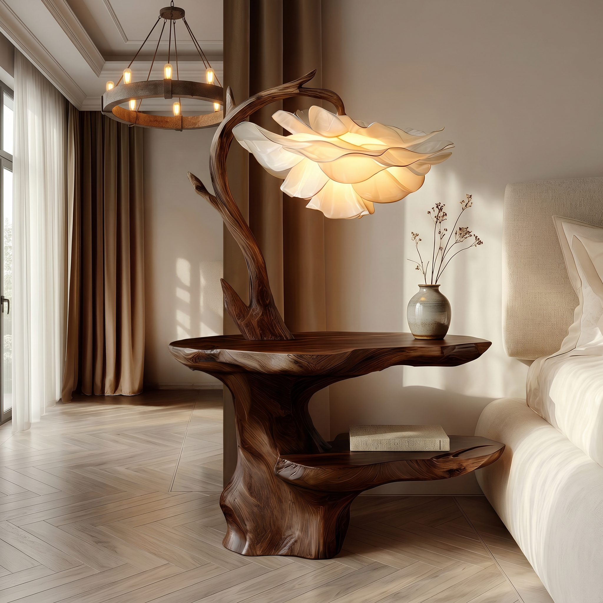 Organic End Table With Flower Lamp And Tree Branch Design For Bedroom And Reading Nook SINLSABT271