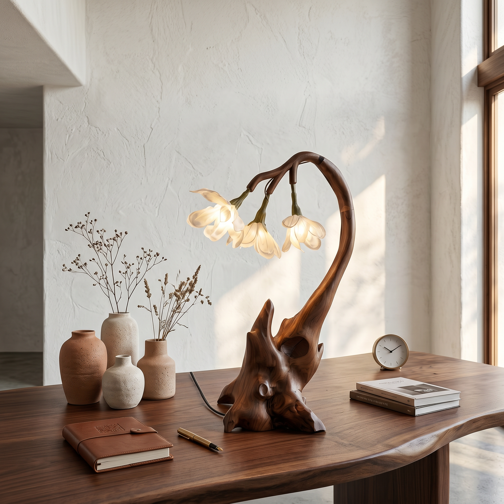 Contemporary Floral Table Lamp With Sculptural Wood Base For Bedroom And Living Room SINLSATL003