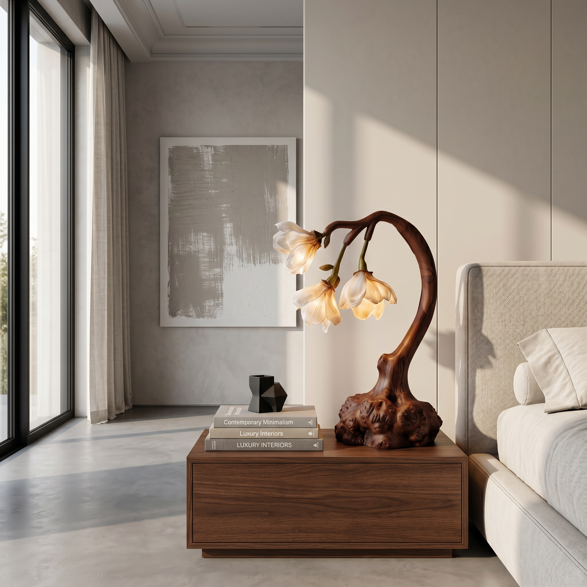 Minimalist Floral Table Lamp With Organic Wood Base For Bedroom And Living Room SINLSATL004
