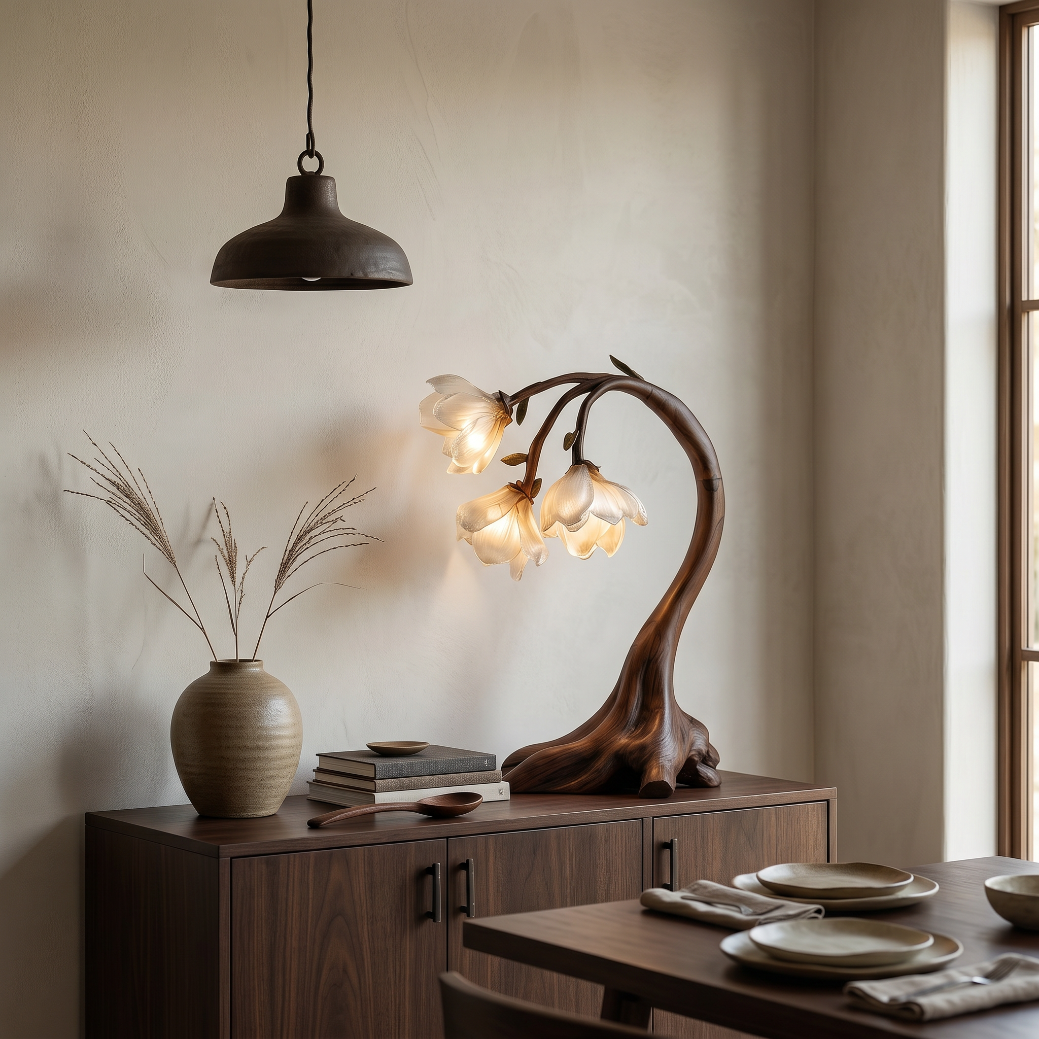 Rustic Floral Table Lamp With Sculptural Driftwood Base For Bedroom And Living Room SINLSATL006