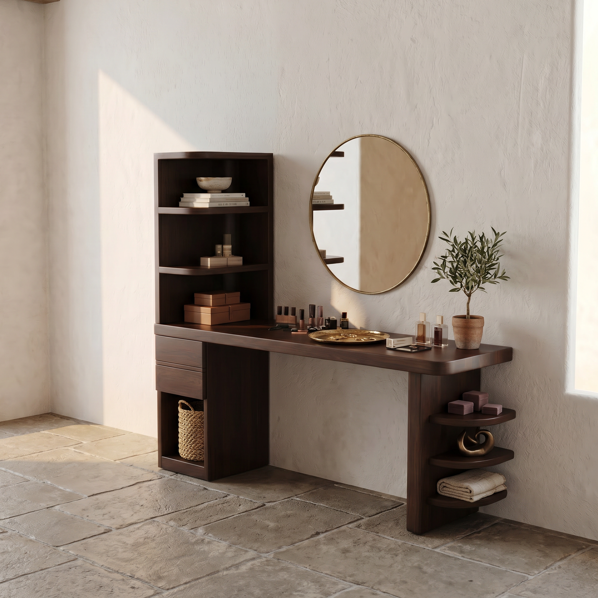 Contemporary Corner Makeup Vanity With Vertical Storage Shelves For Bedroom SINLSABDT076