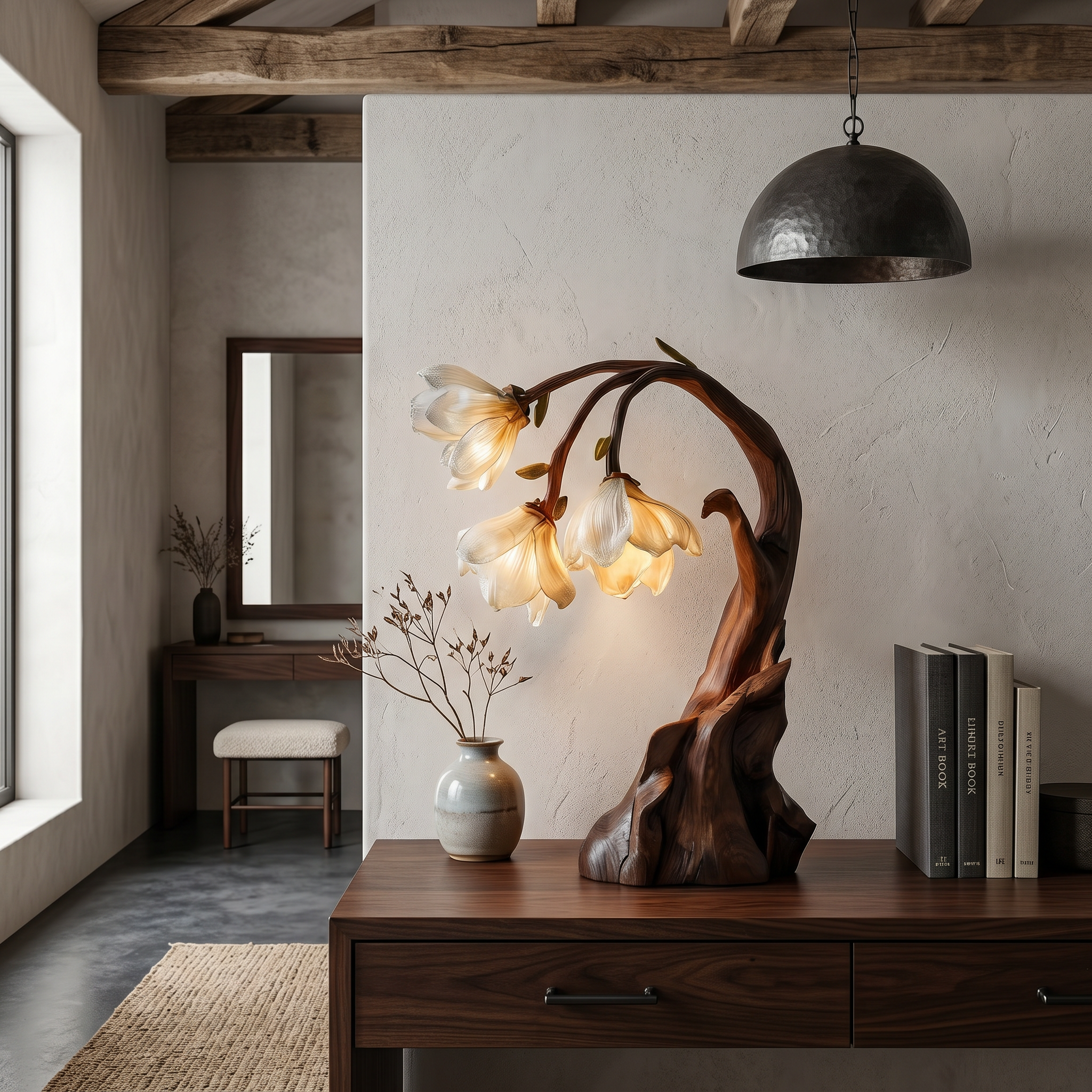 Contemporary Floral Table Lamp With Sculptural Solid Wood Base For Bedroom And Living Room SINLSATL007