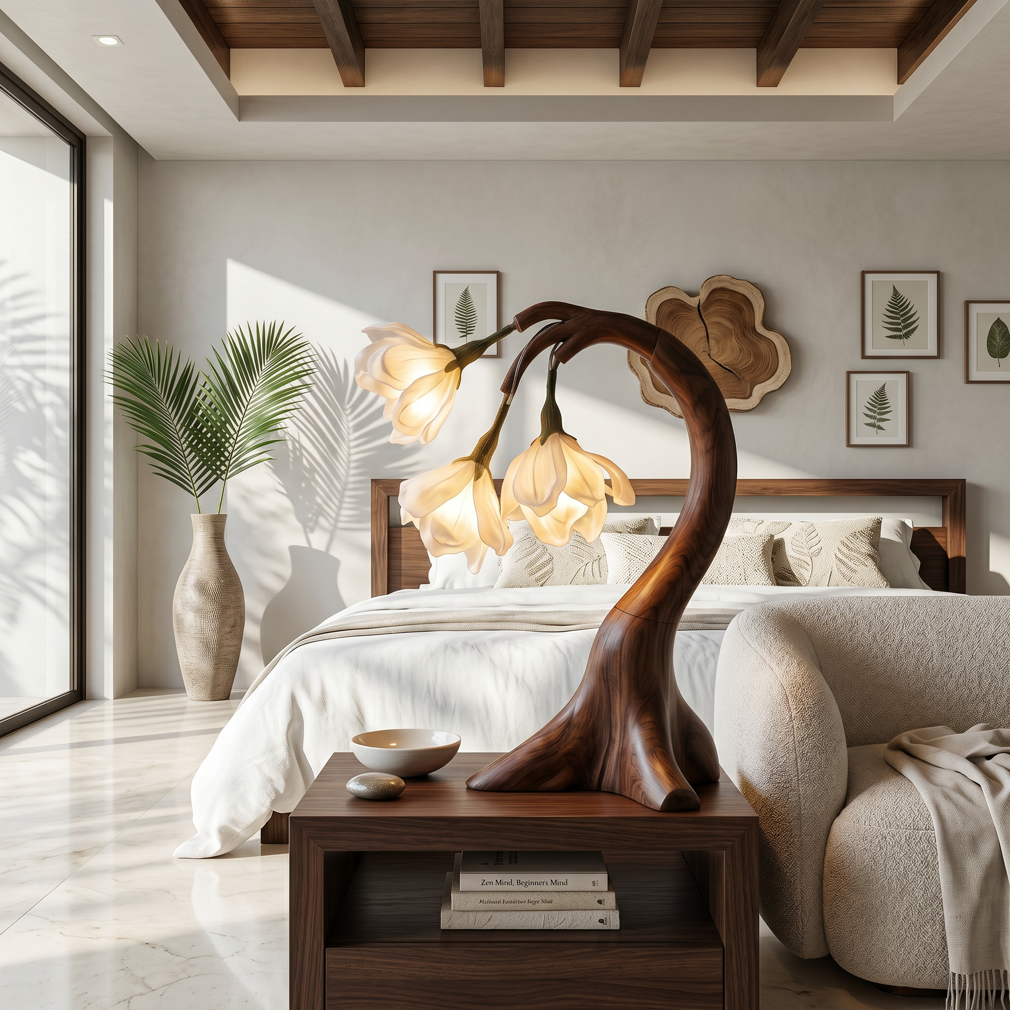 Modern Floral Table Lamp With Sculptural Curved Wood Base For Bedroom And Living Room SINLSATL008
