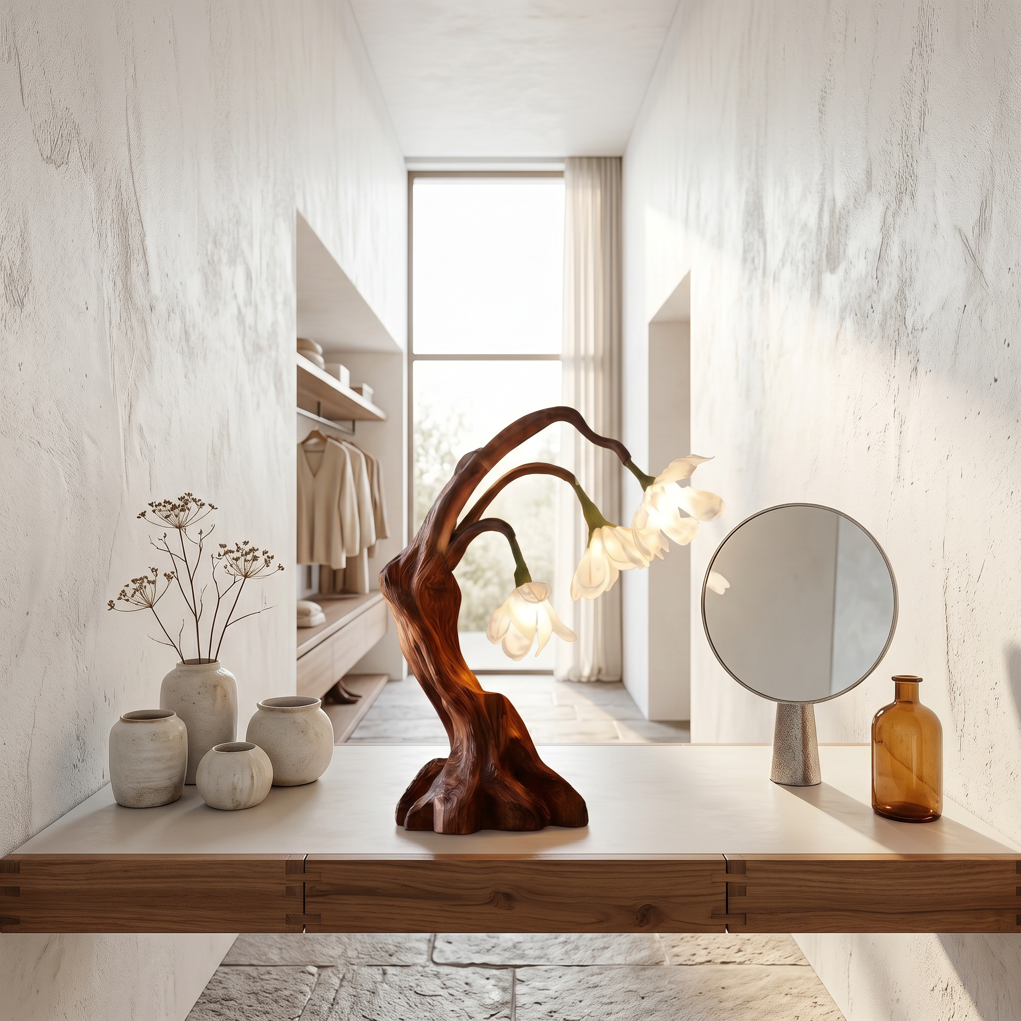 Modern Floral Table Lamp With Sculptural Driftwood Base For Bedroom And Living Room SINLSATL009