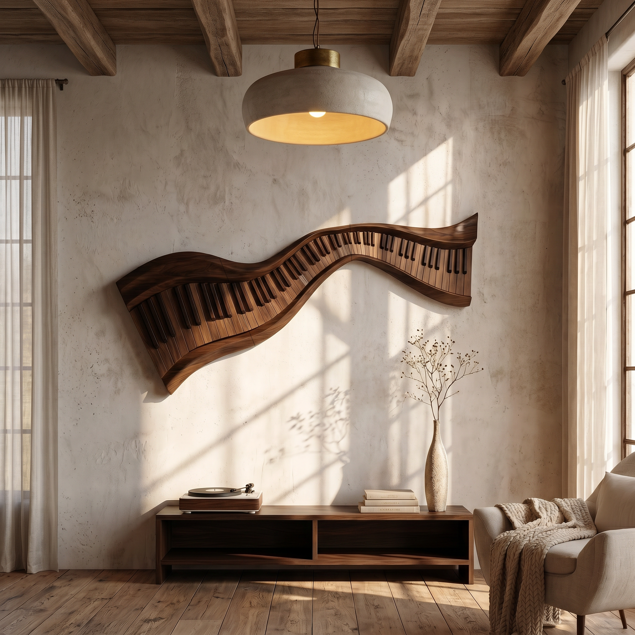 Organic Abstract Keyboard Wave Wooden Wall Sculpture For Living Room SINLSAWD076