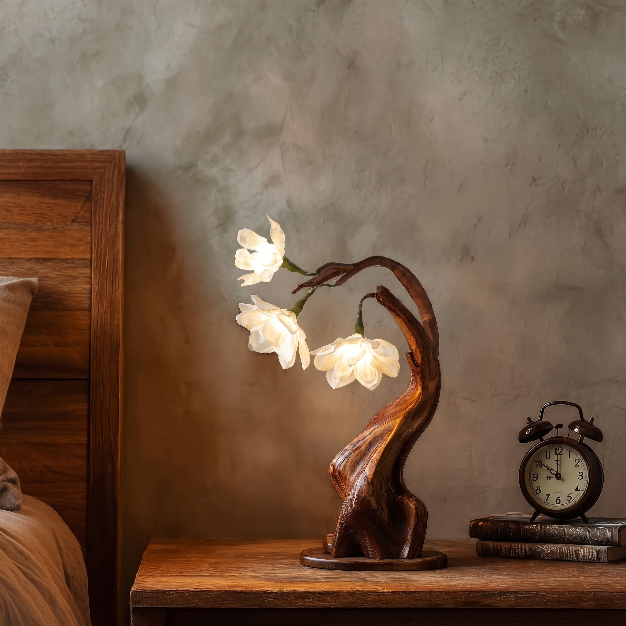 Contemporary Floral Table Lamp With Twisted Solid Wood Base For Bedroom And Living Room SINLSATL011