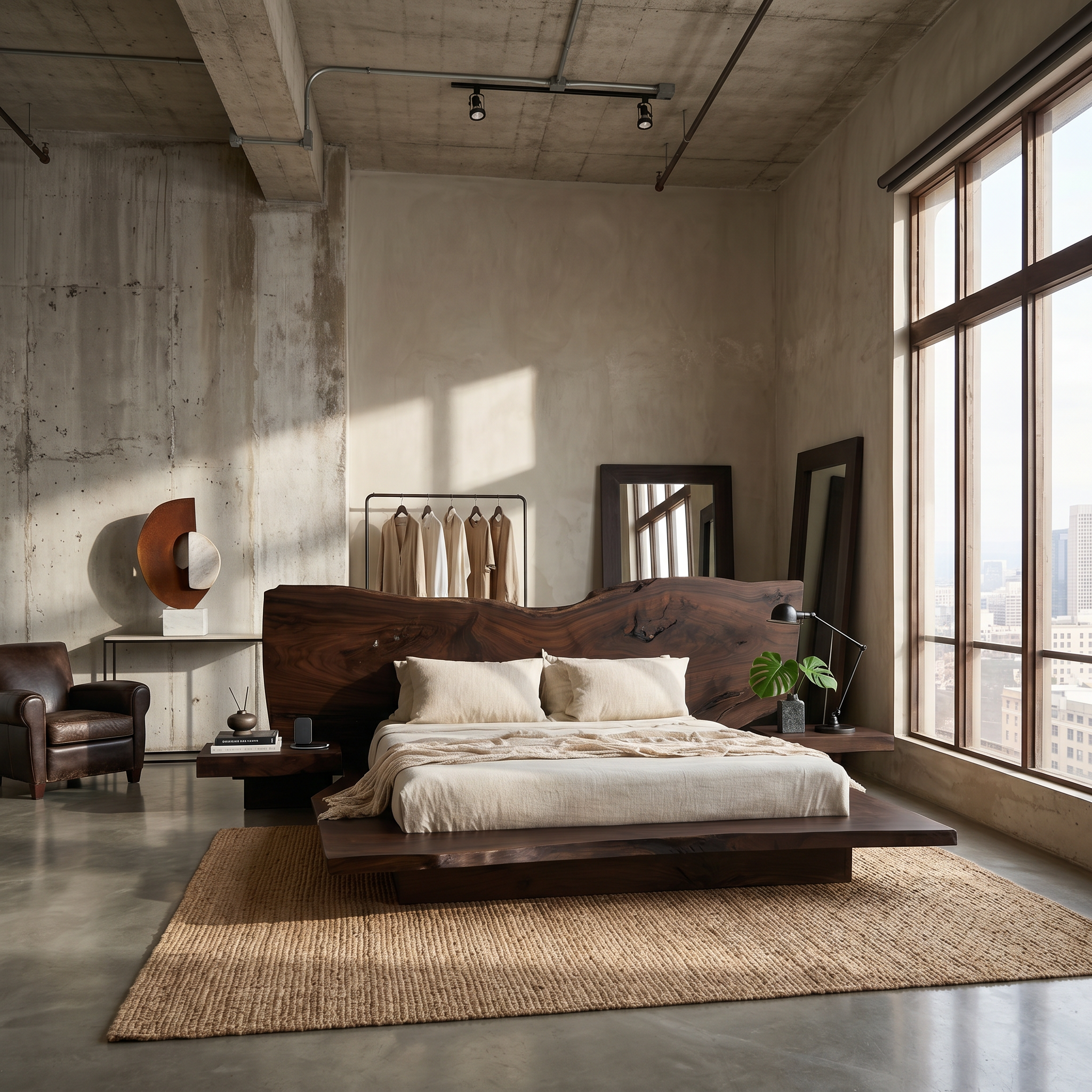 Rustic Live Edge Bed Frame With Sculptural Headboard For Bedroom SINLSAWB124