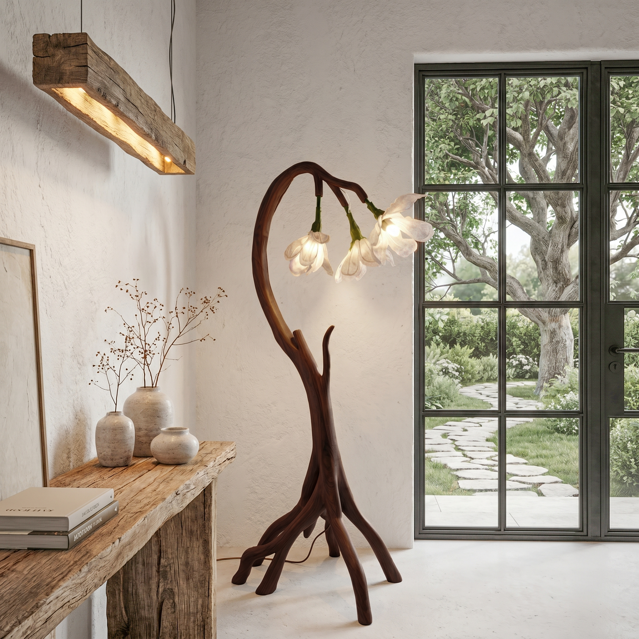 Botanical Flower Floor Lamp With Sculptural Wood Base For Living Room And Bedroom SINLSAFLP070