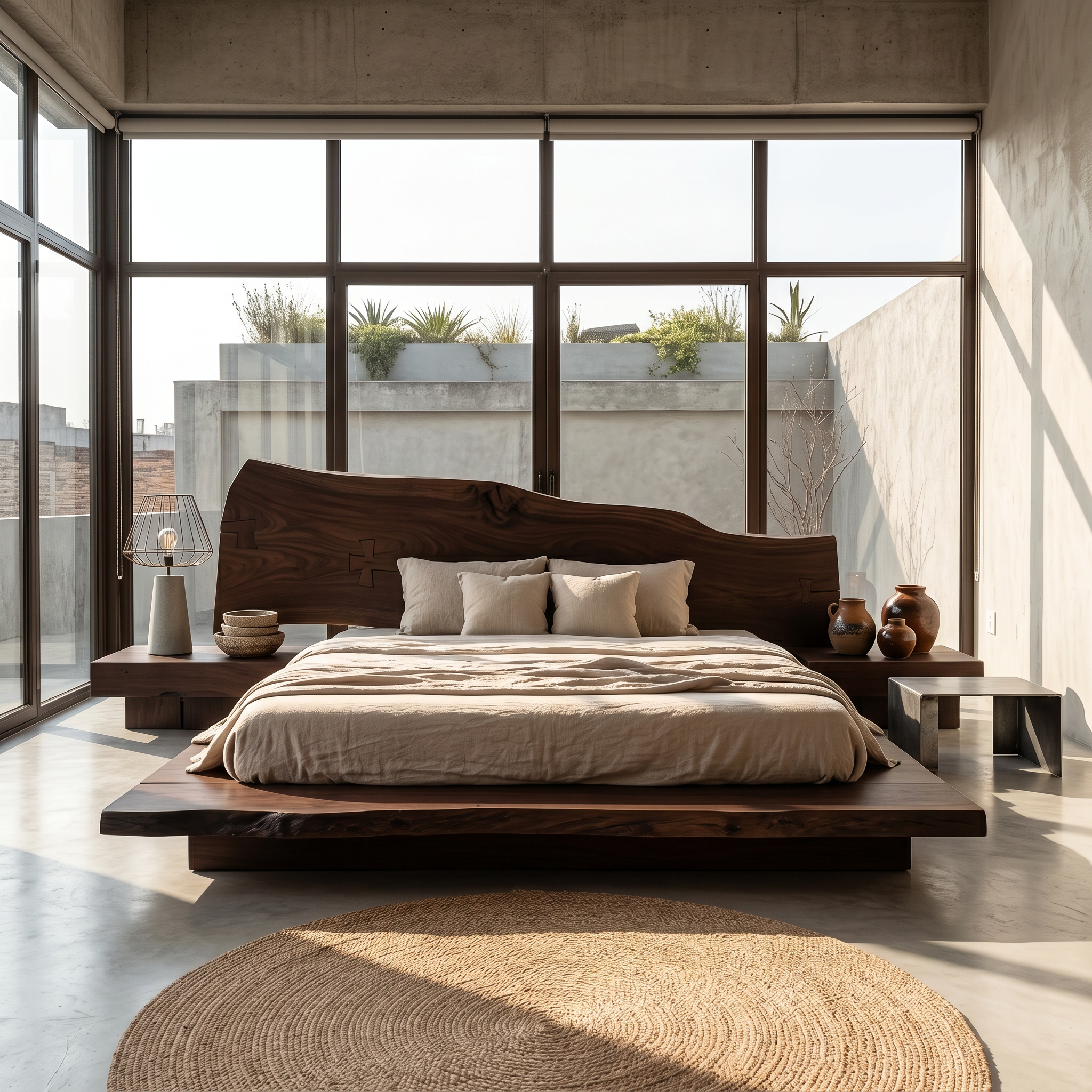 Organic Sculptural Bed Frame With Handcrafted Solid Wood Headboard And Floating Platform Design For Bedroom SINLSAWB127