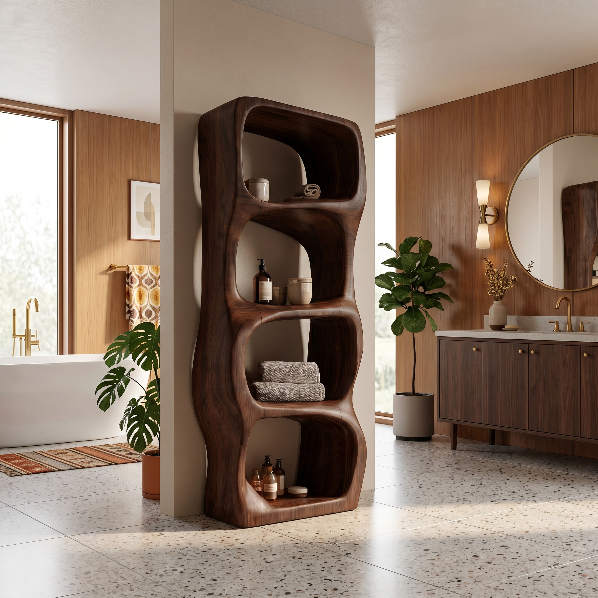 Modern Organic Bathroom Storage Cabinet With Rounded Sculptural Shelves And Open Storage For Bathroom SINLSABCT028