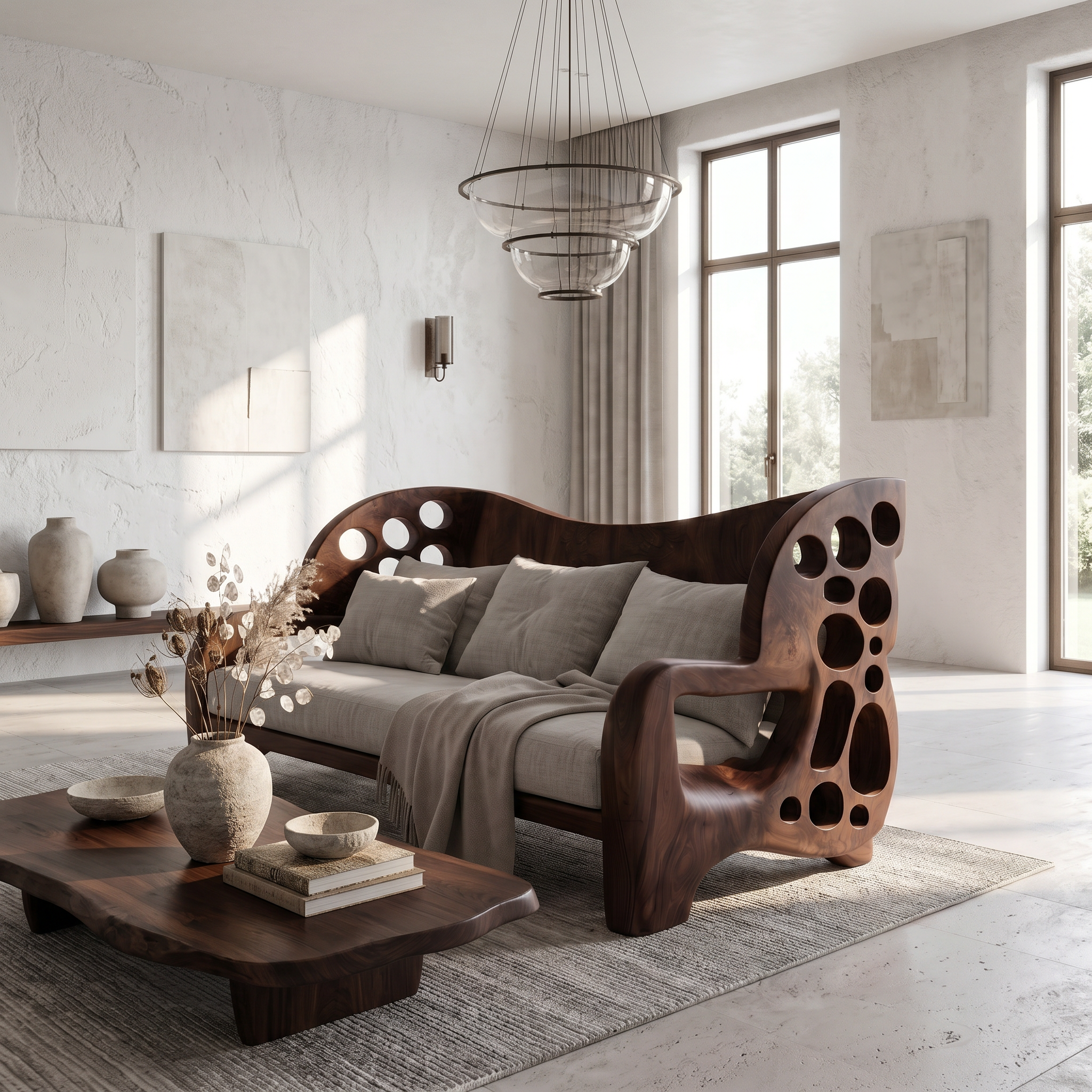 Organic Sofa Frame With Sculptural Openwork Armrests For Living Room SINLSASF037