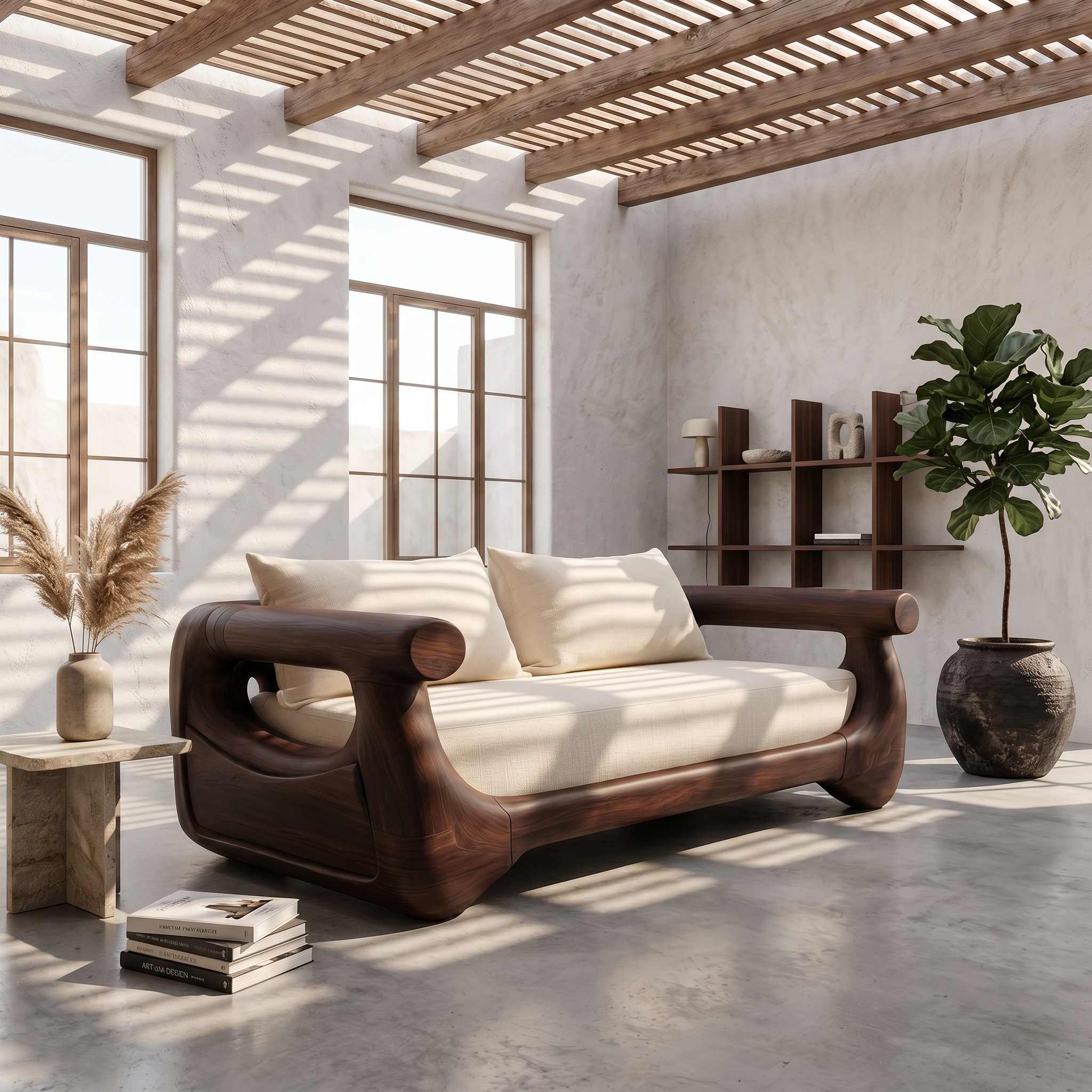 Modern Sofa With Sculptural Perforated Wood Frame For Living Room SINLSASF041