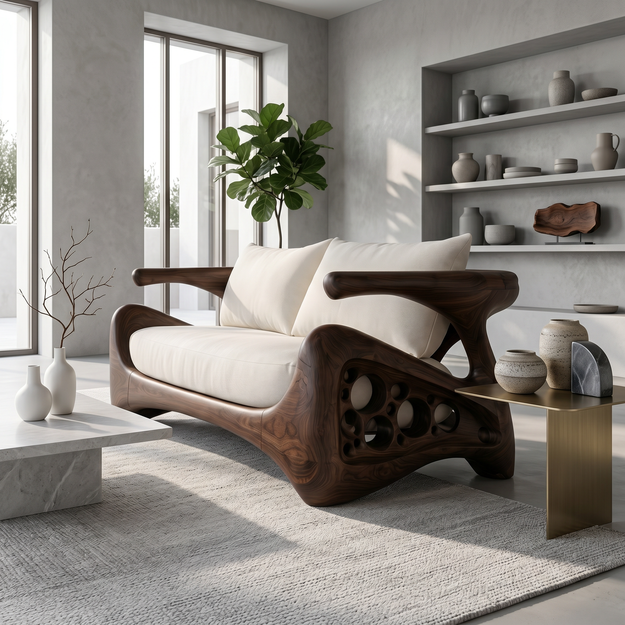 Natural Sofa Frame With Bold Sculptural Armrests For Living Room SINLSASF045